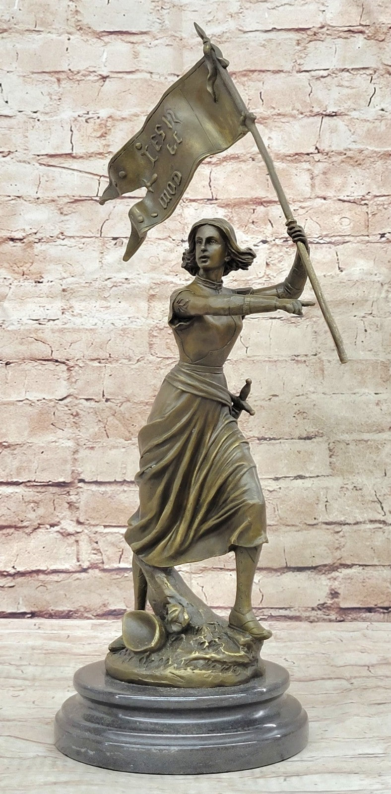 Saint Joan of Arc Figurine w/ Flag Sculpture Statue 100% Pure Bronze Figure Art