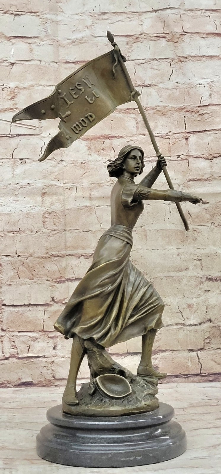Saint Joan of Arc Figurine w/ Flag Sculpture Statue 100% Pure Bronze Figure Art