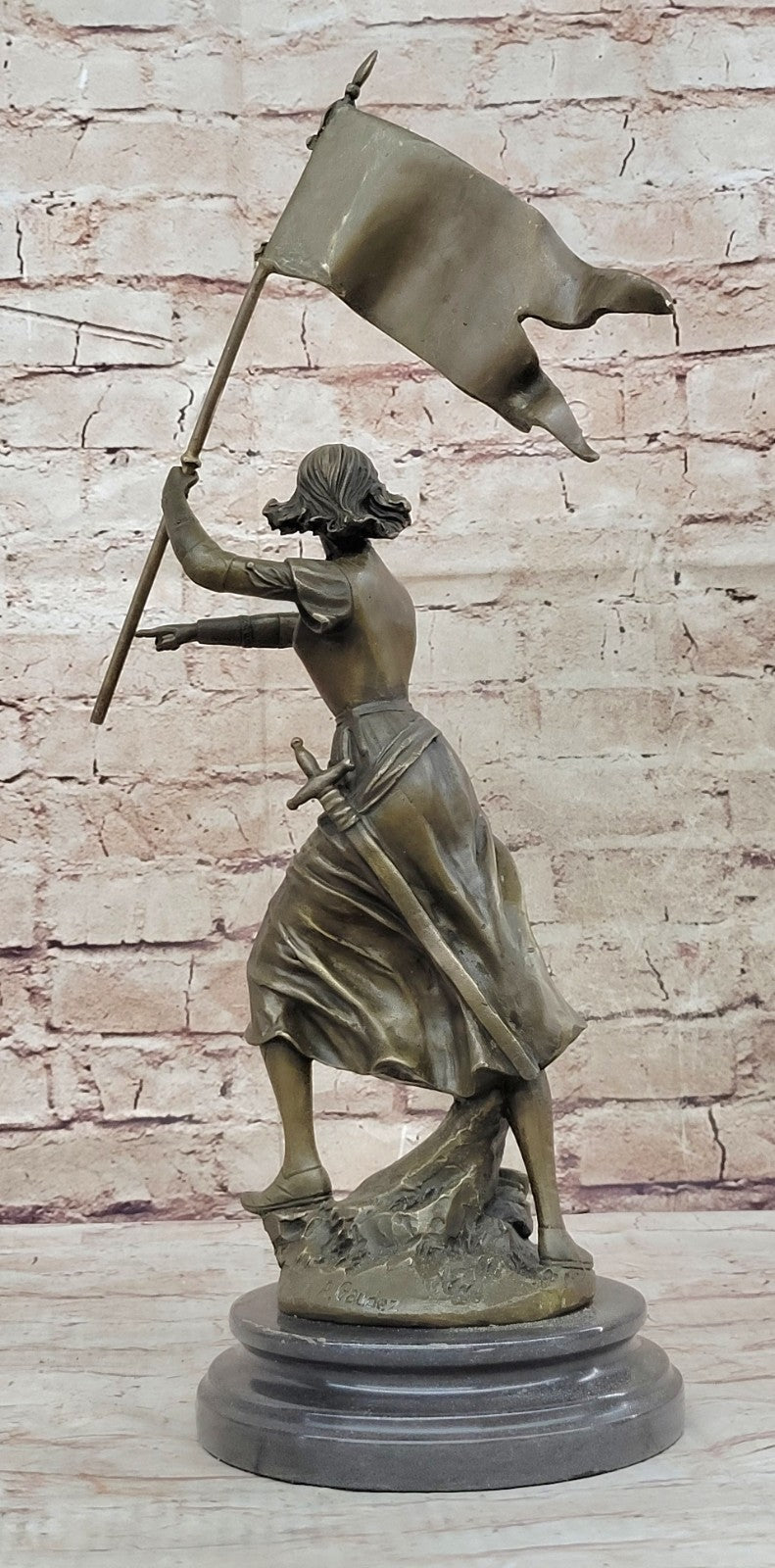 Saint Joan of Arc Figurine w/ Flag Sculpture Statue 100% Pure Bronze Figure Art