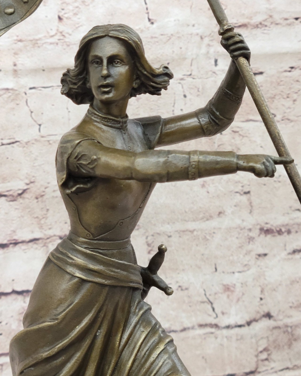 Saint Joan of Arc Figurine w/ Flag Sculpture Statue 100% Pure Bronze Figure Art