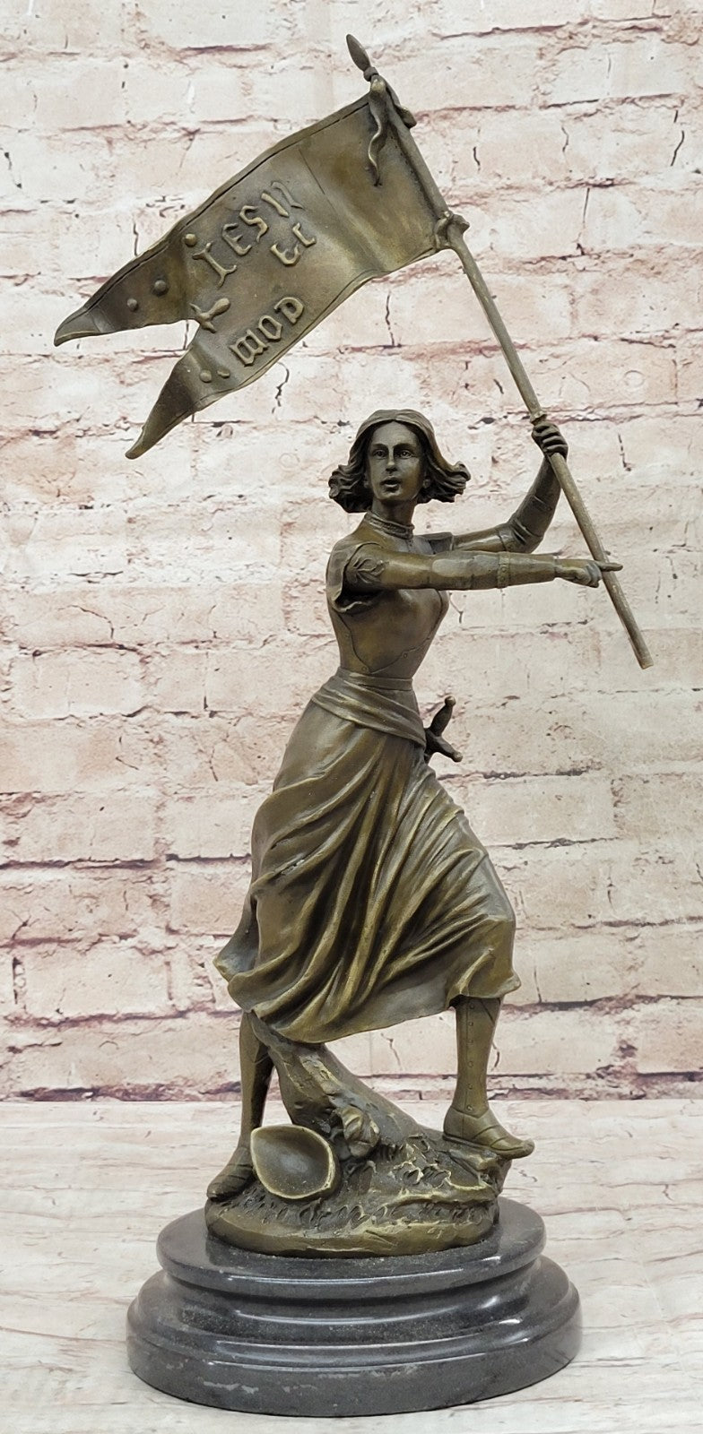 Saint Joan of Arc Figurine w/ Flag Sculpture Statue 100% Pure Bronze Figure Art