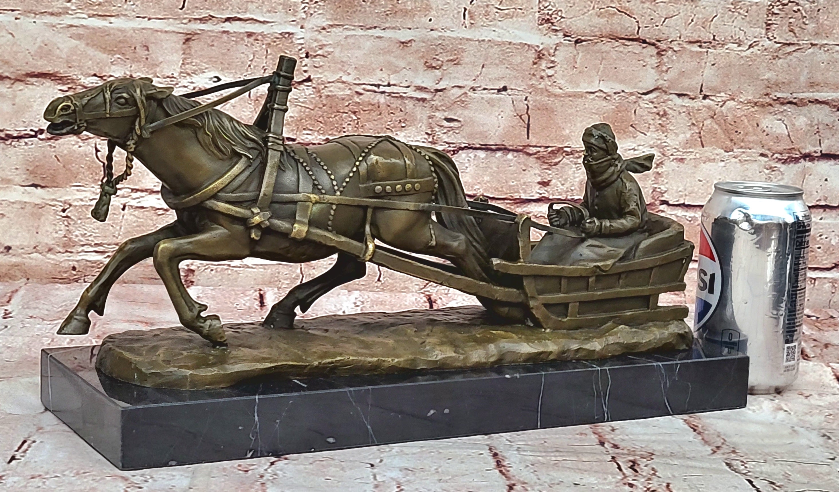 Handcrafted Detailed Horse Pulling a Sleigh Bronze Sculpture Statue Figurine