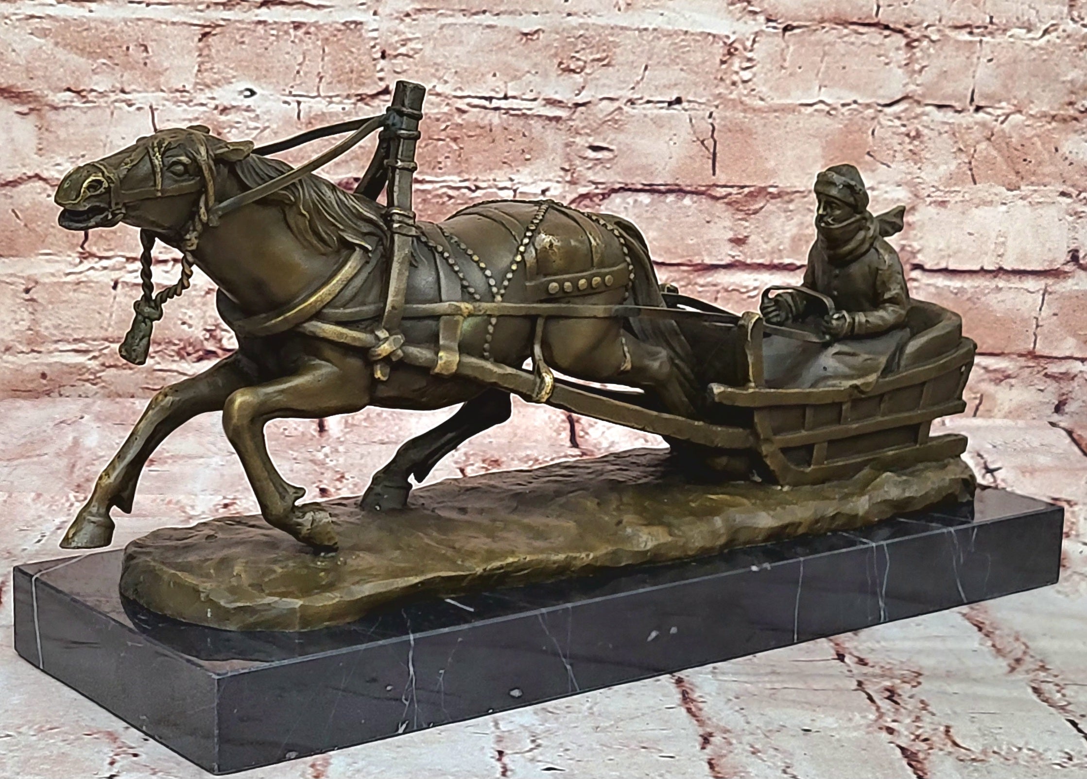 Handcrafted Detailed Horse Pulling a Sleigh Bronze Sculpture Statue Figurine