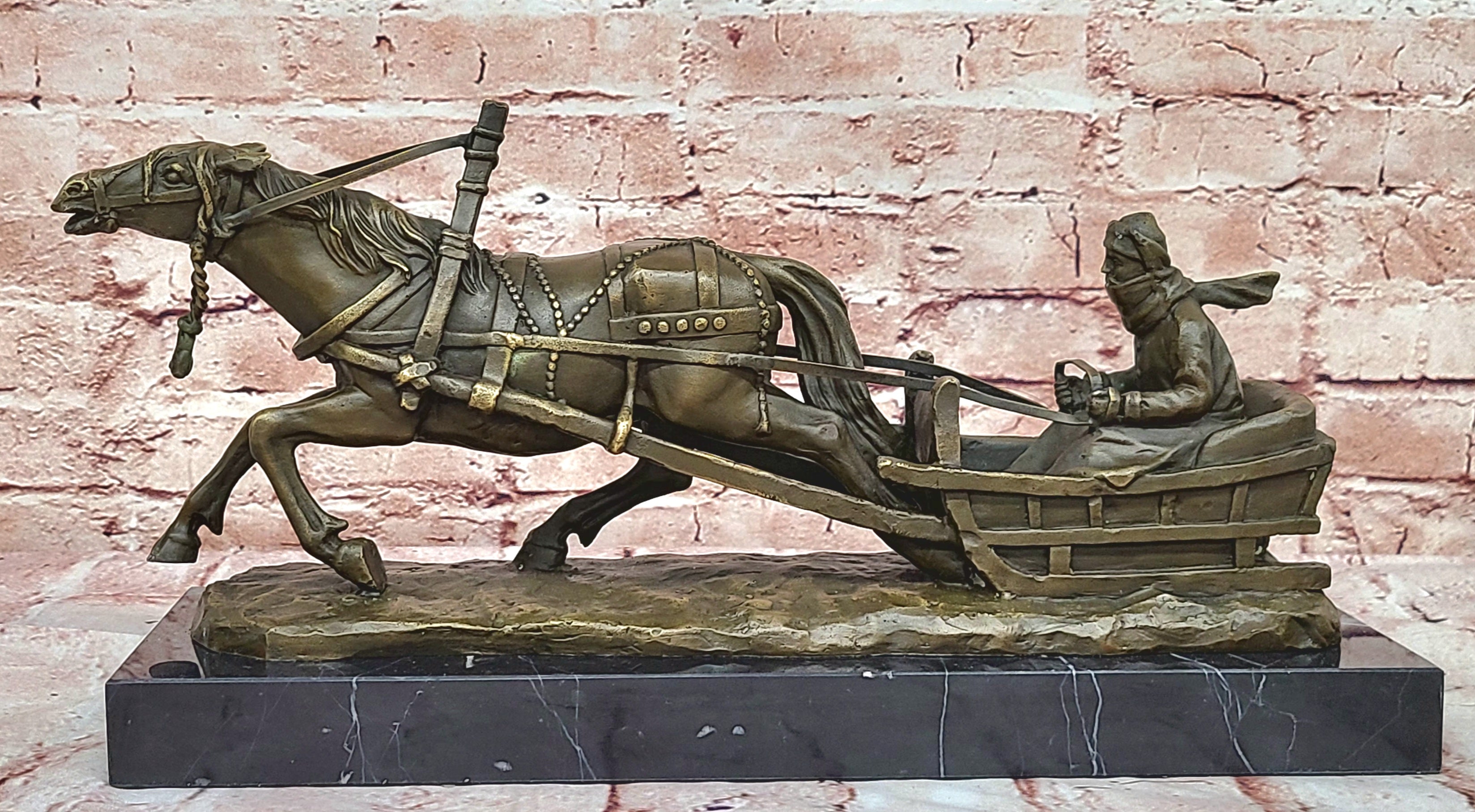 Handcrafted Detailed Horse Pulling a Sleigh Bronze Sculpture Statue Figurine