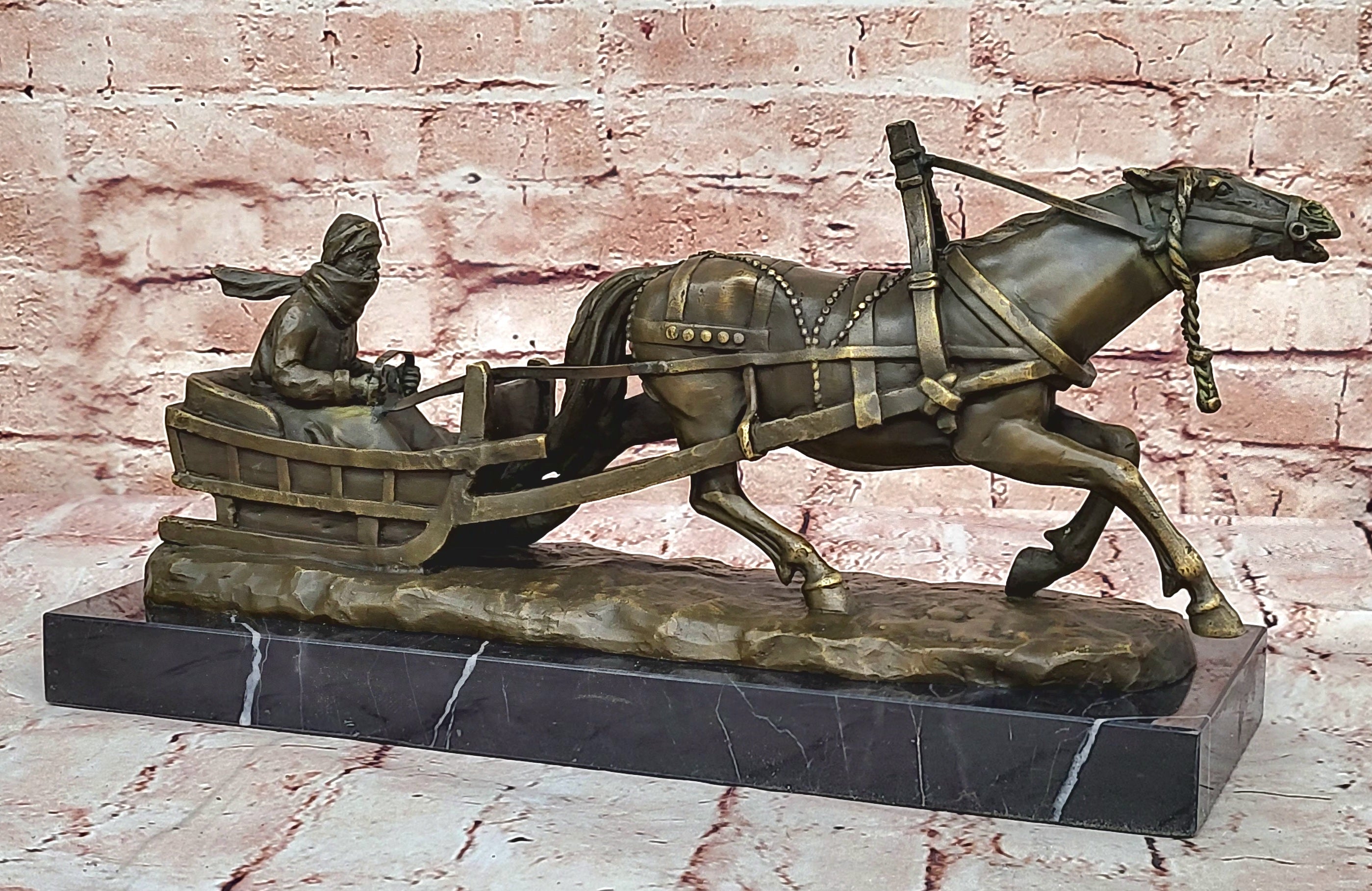 Handcrafted Detailed Horse Pulling a Sleigh Bronze Sculpture Statue Figurine