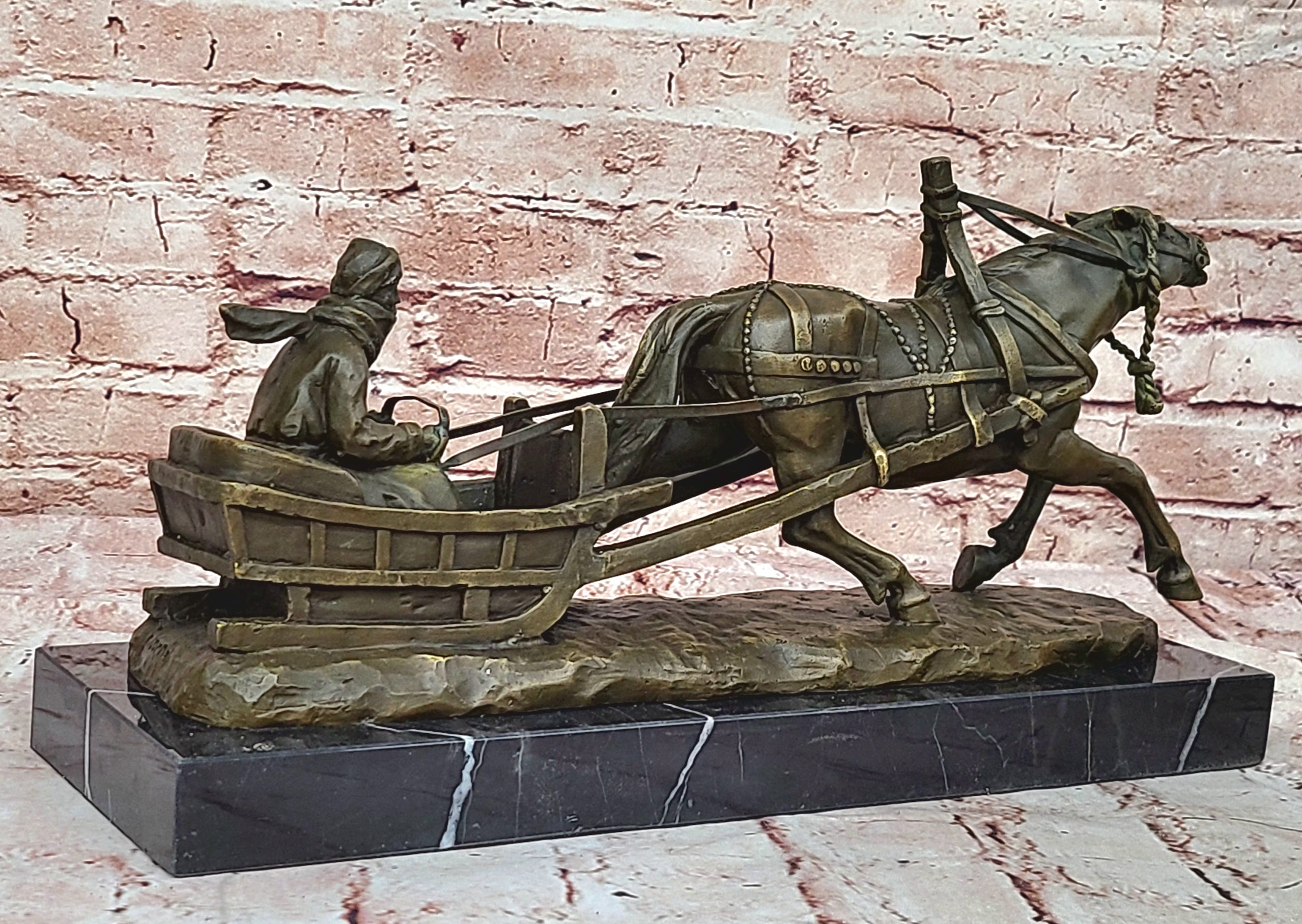 Handcrafted Detailed Horse Pulling a Sleigh Bronze Sculpture Statue Figurine