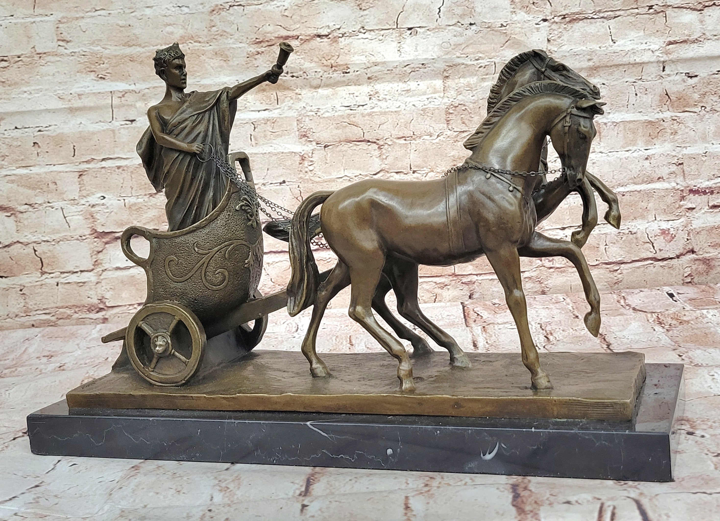 17 Inch Roman Chariot Hot Cast Decorative Figurine, Genuine Designer Bronze