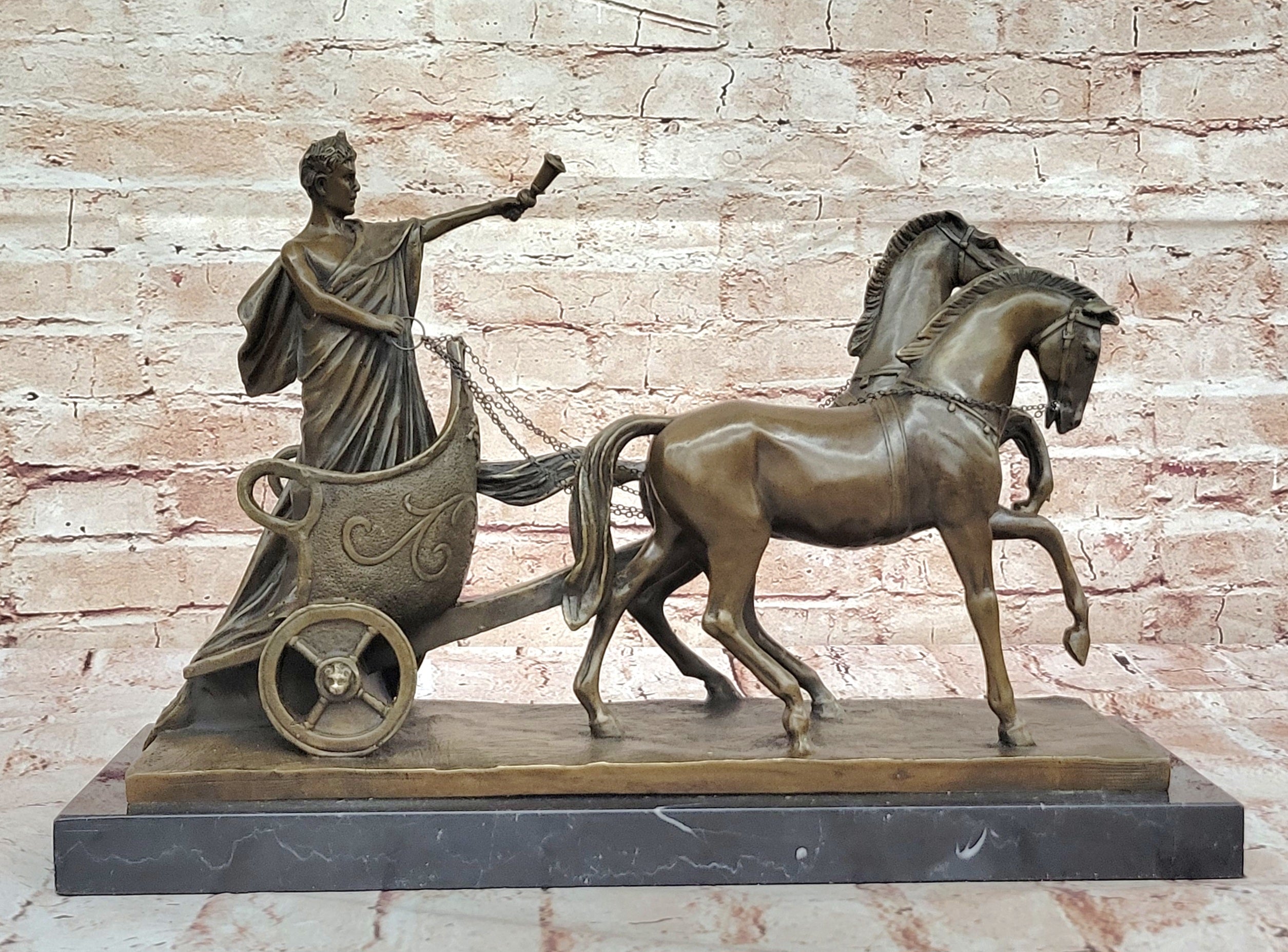 17 Inch Roman Chariot Hot Cast Decorative Figurine, Genuine Designer Bronze