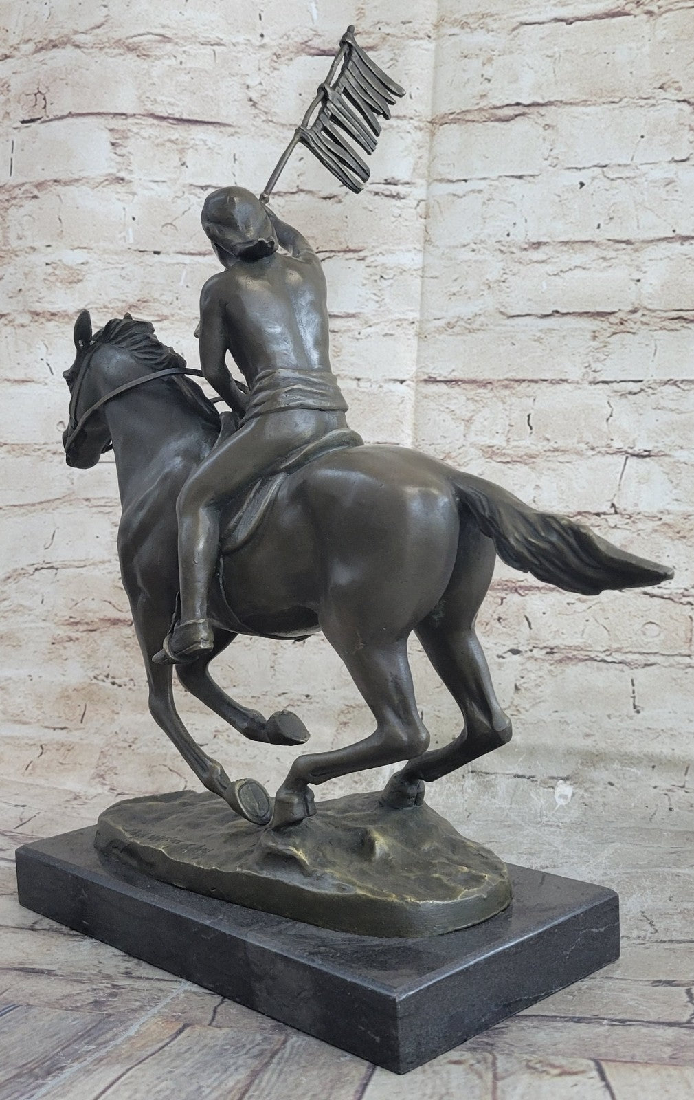 Signed Weston Semi Nude Indian warrior Holding A Flag Bronze Sculpture