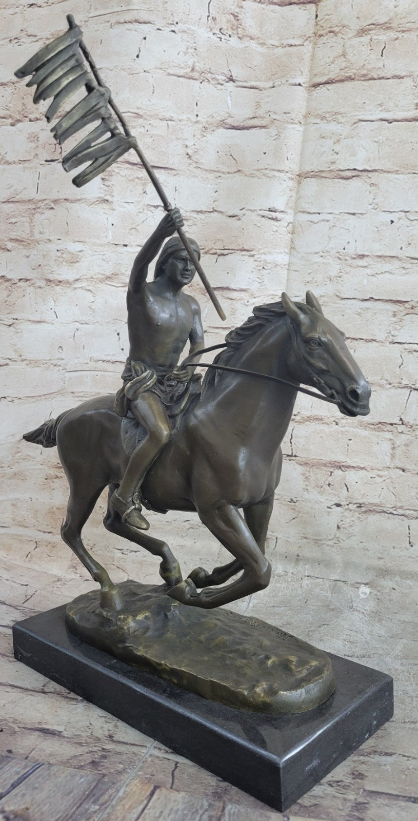 Signed Weston Semi Nude Indian warrior Holding A Flag Bronze Sculpture