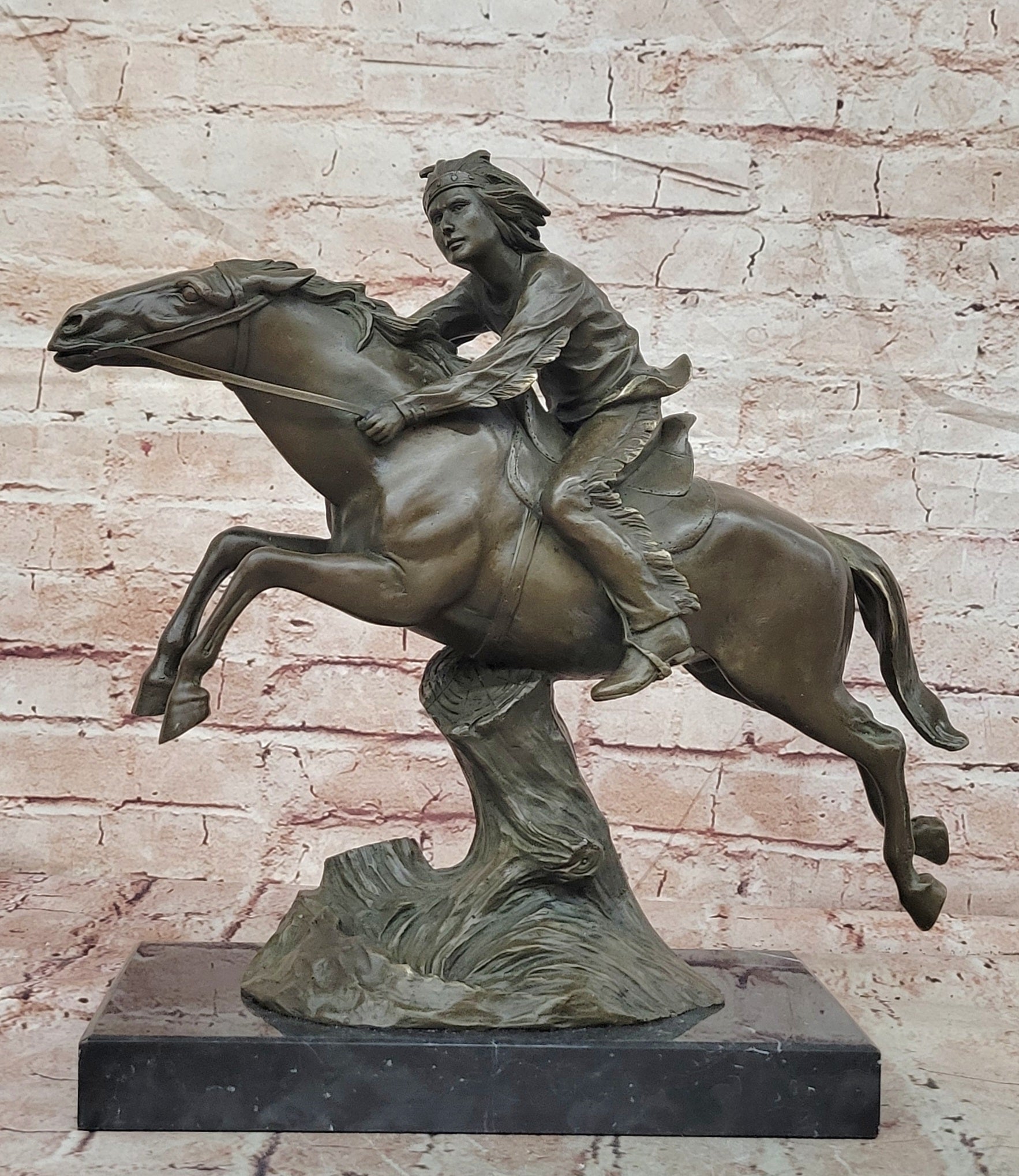 Native American Indian Man W/ Horse Bronze Sculpture Statue Figure Art