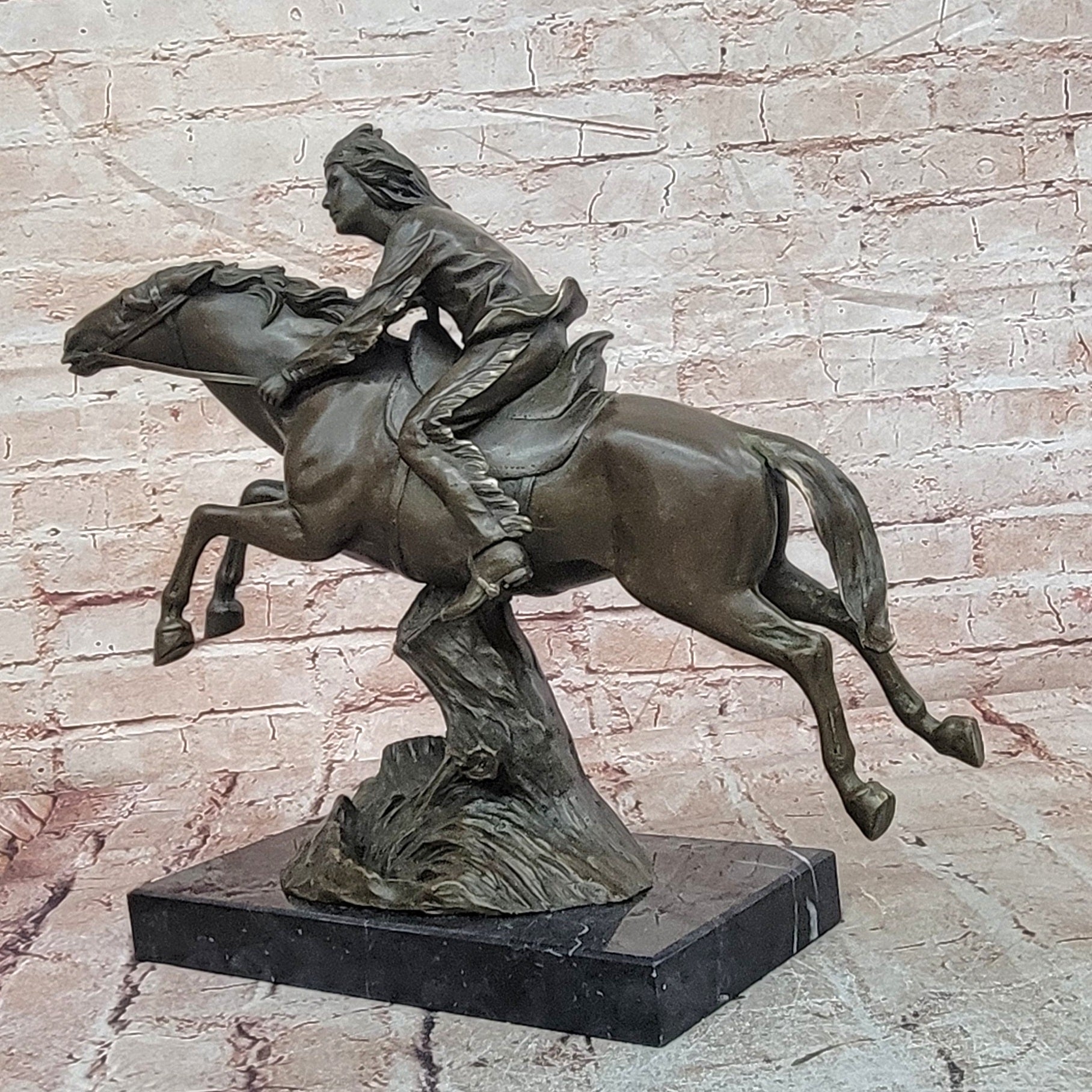Native American Indian Man W/ Horse Bronze Sculpture Statue Figure Art