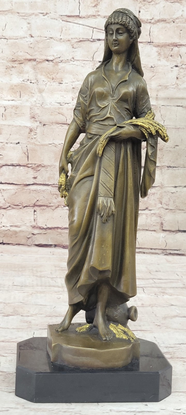 Handcrafted bronze sculpture SALE Brown W Wheat", Of Bundle A With Woman Young