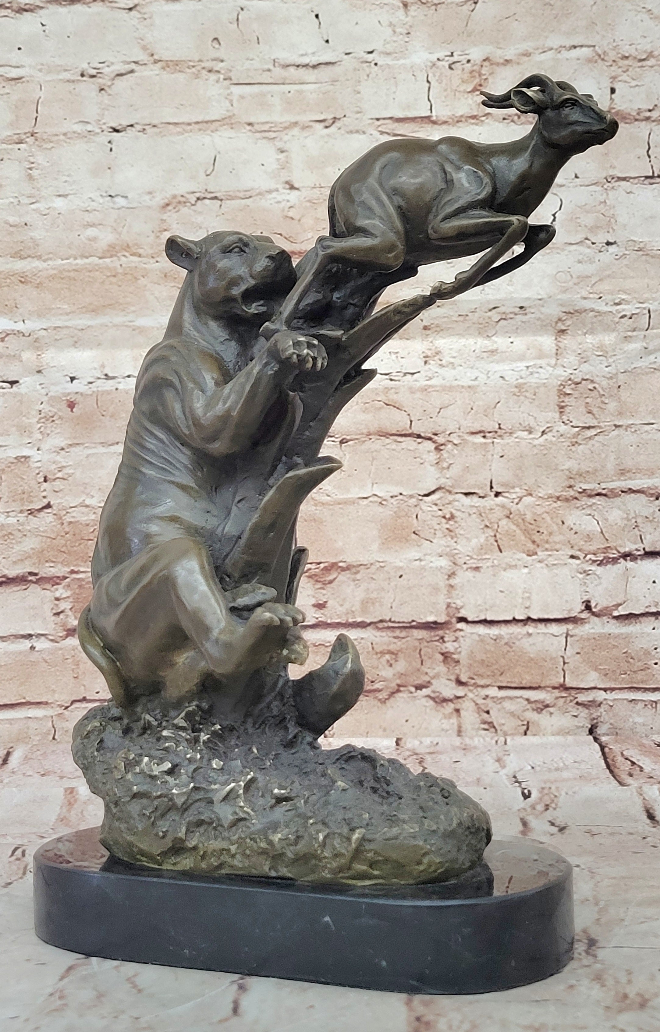Confrontation between Mountain Lion and Gazelle Hot Cast Bronze Sculpture