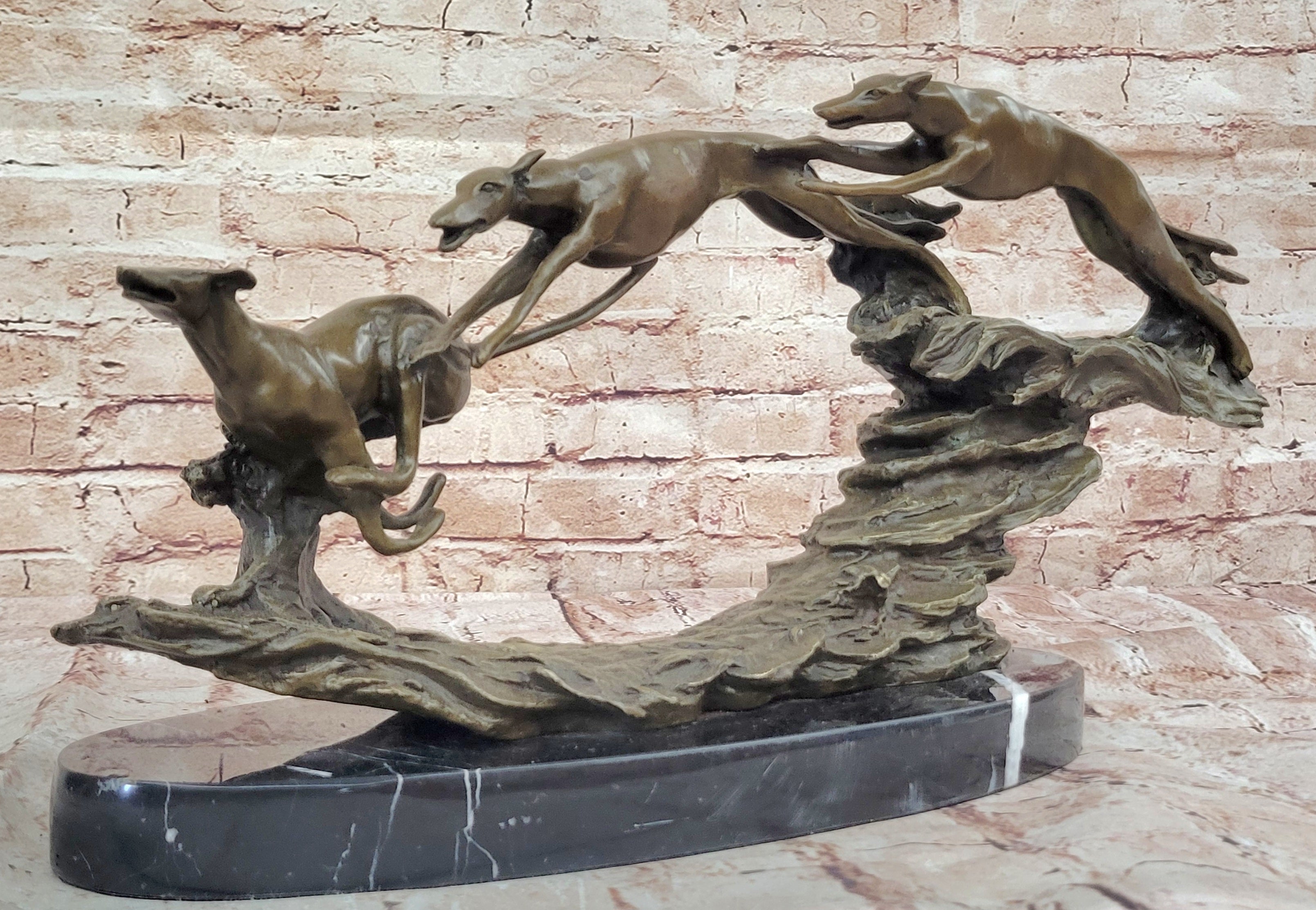 Art Deco Original Hot Cast Greyhound Dog Dogs Bronze Sculpture Marble Statue LRG