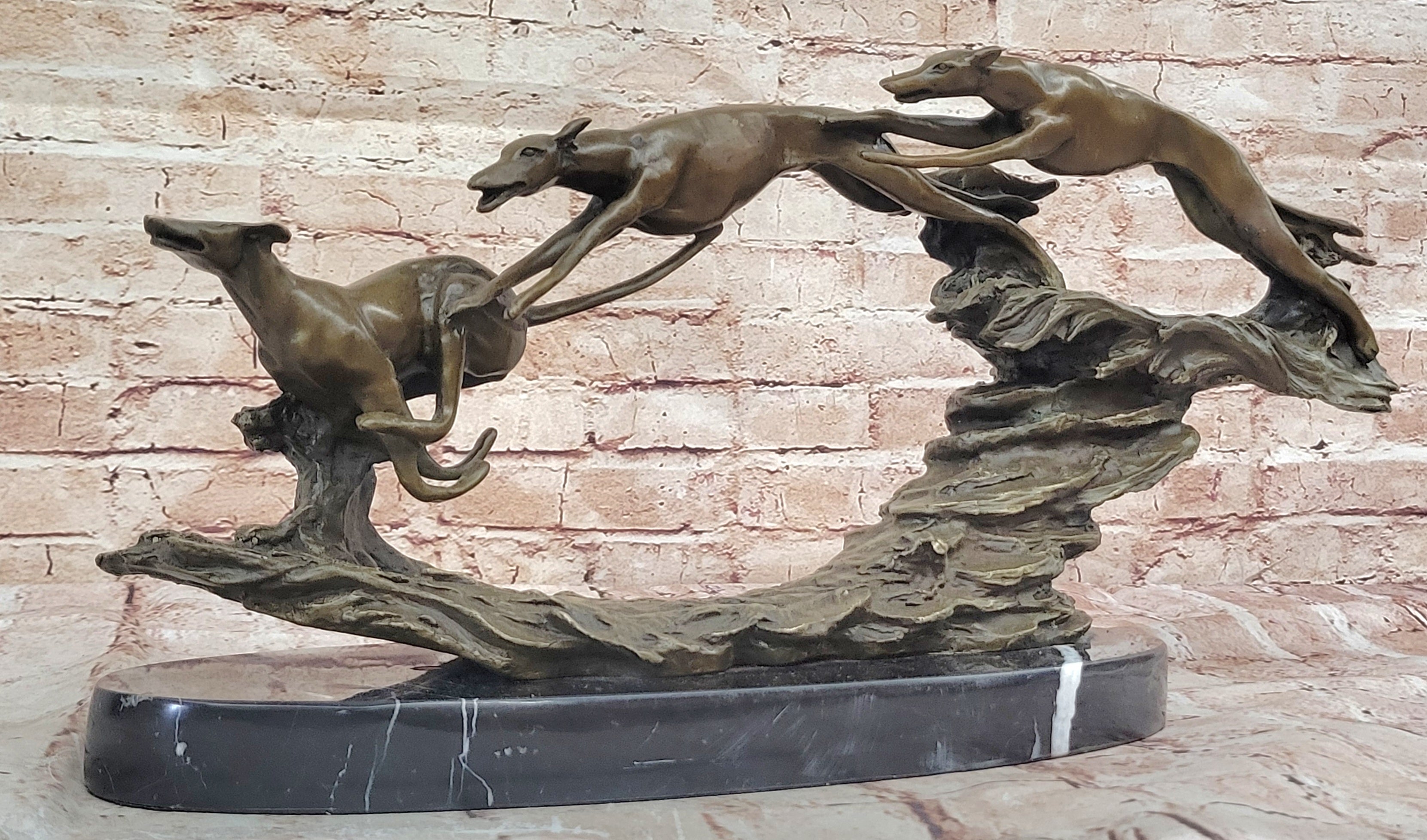Art Deco Original Hot Cast Greyhound Dog Dogs Bronze Sculpture Marble Statue LRG