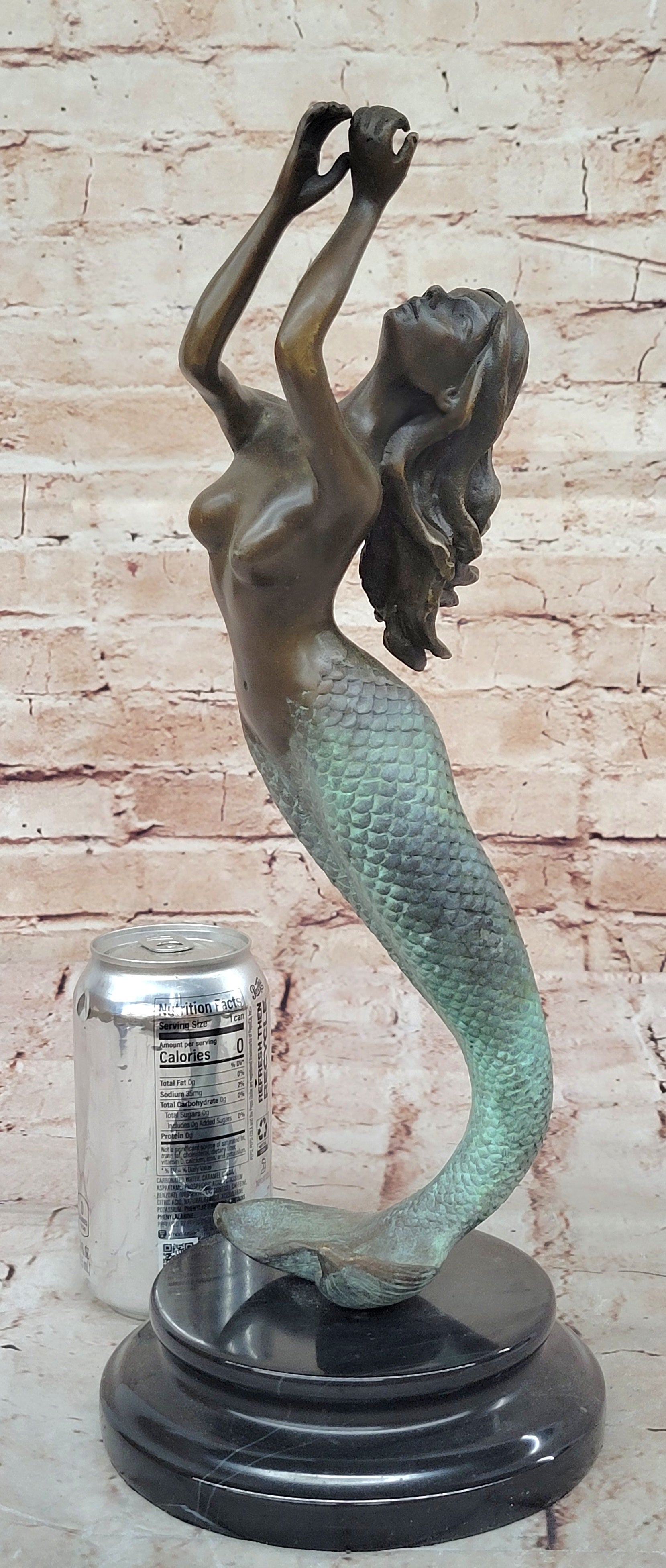 Nude Mermaid Swimming Bronze Figure Height 15" Nautical Tropical Home Decoration
