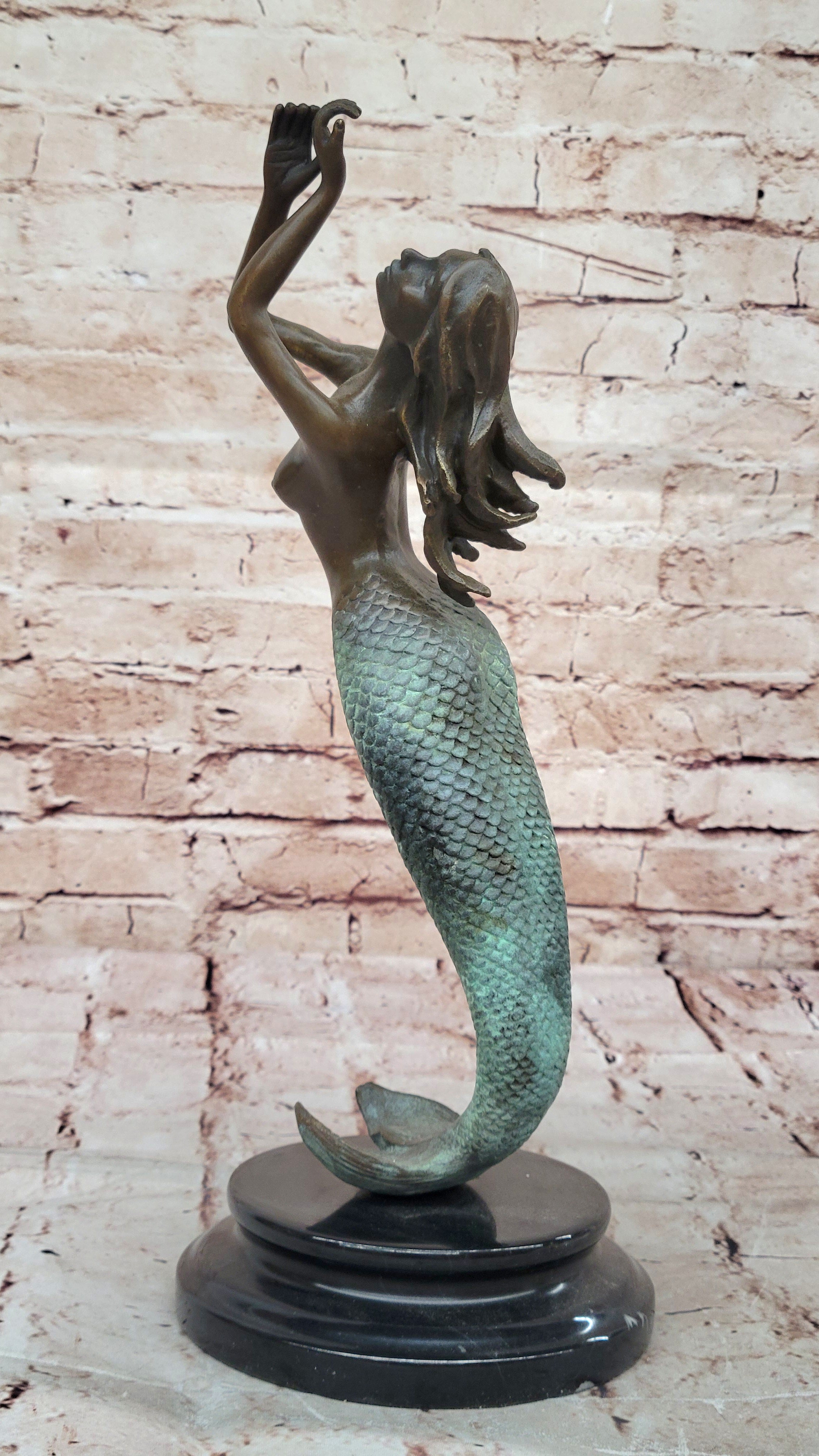 Nude Mermaid Swimming Bronze Figure Height 15" Nautical Tropical Home Decoration