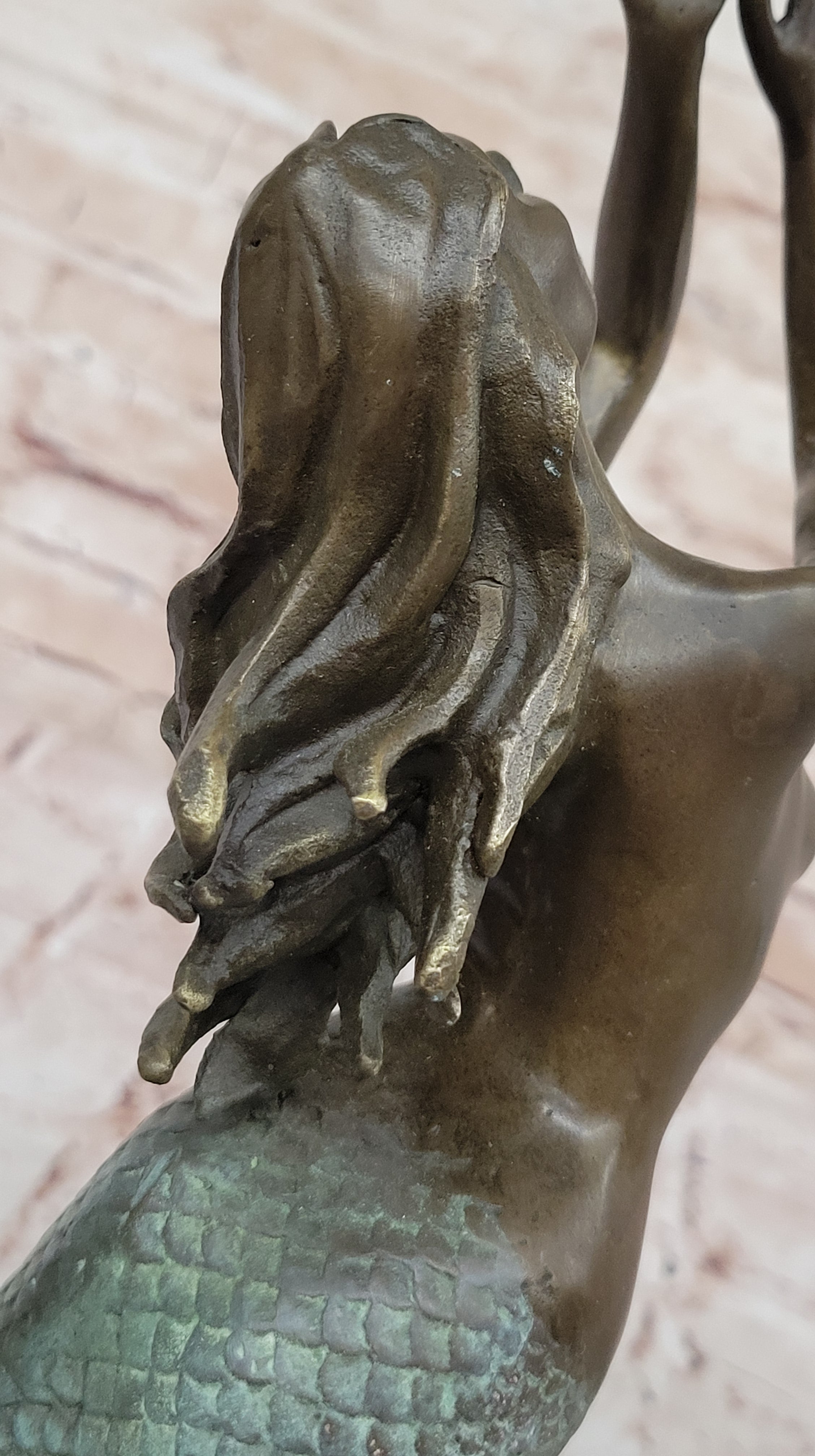 Nude Mermaid Swimming Bronze Figure Height 15" Nautical Tropical Home Decoration