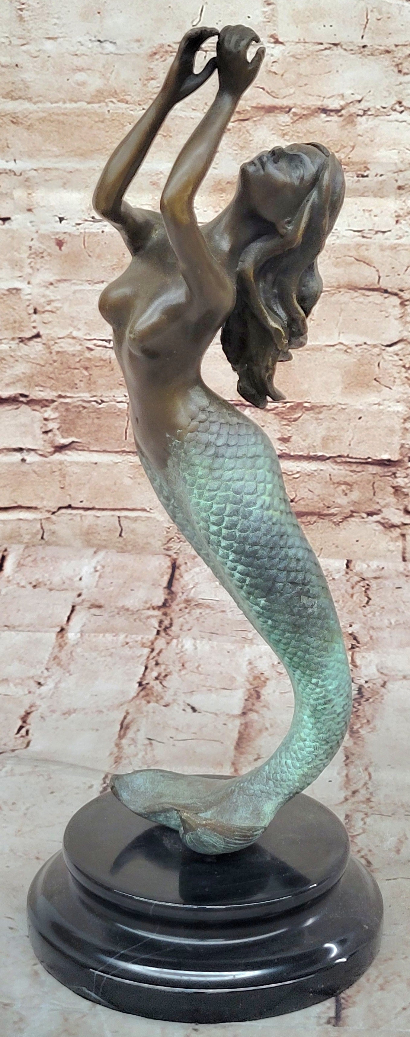 Nude Mermaid Swimming Bronze Figure Height 15" Nautical Tropical Home Decoration