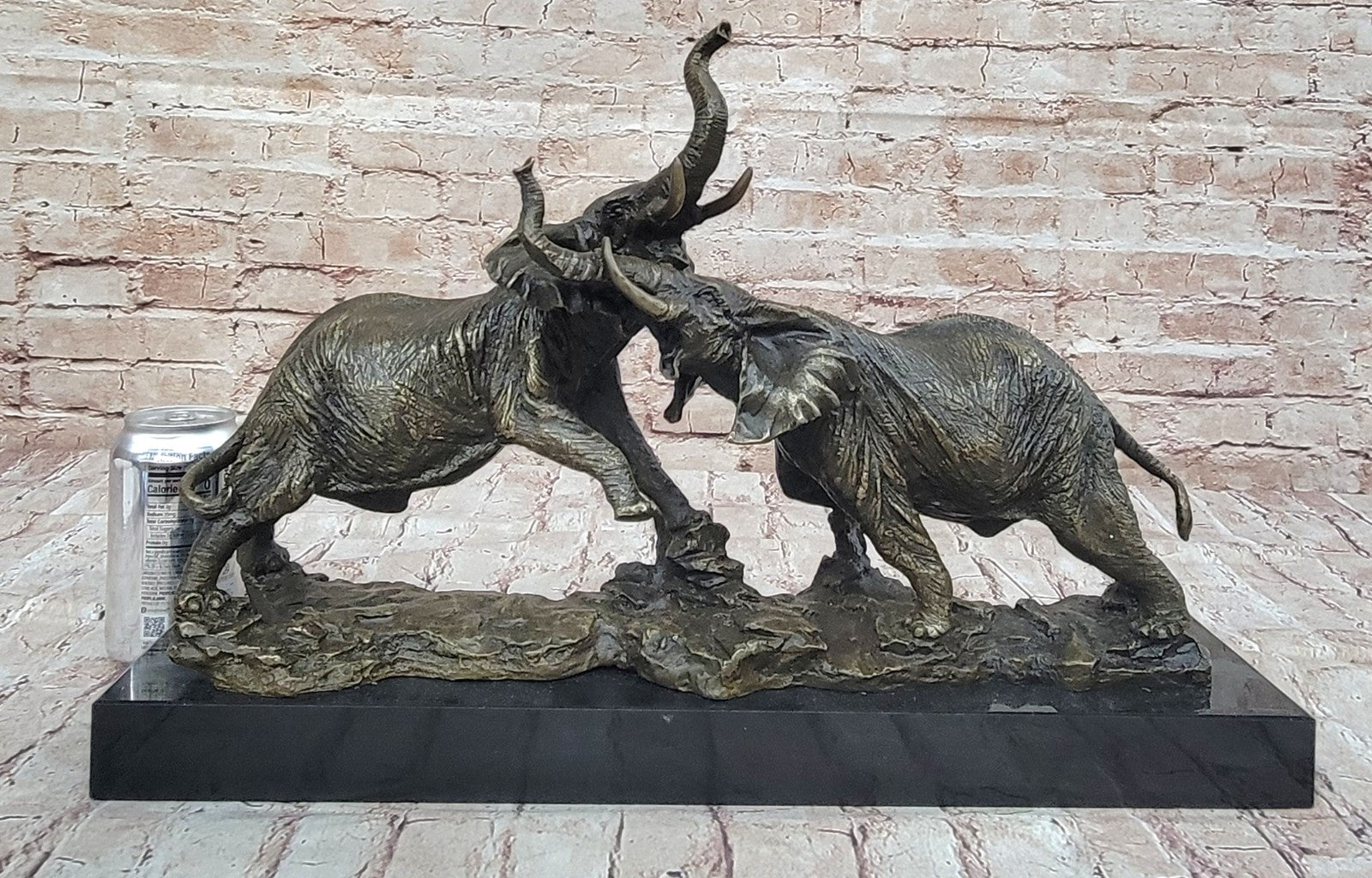Elephants in Battle Bronze Sculpture Hot Cast Marble Base Figurine Wild Life Art