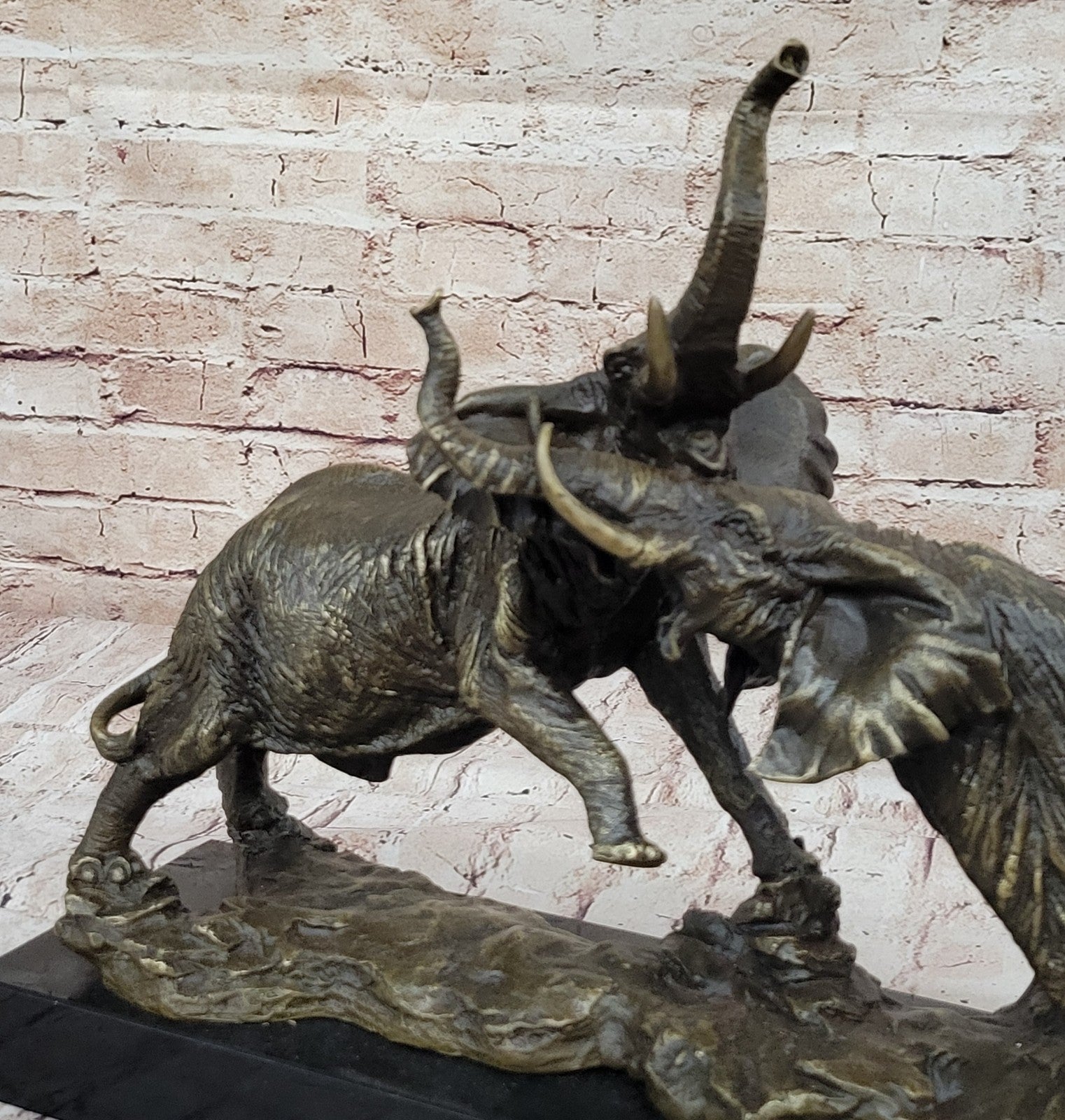 Elephants in Battle Bronze Sculpture Hot Cast Marble Base Figurine Wild Life Art