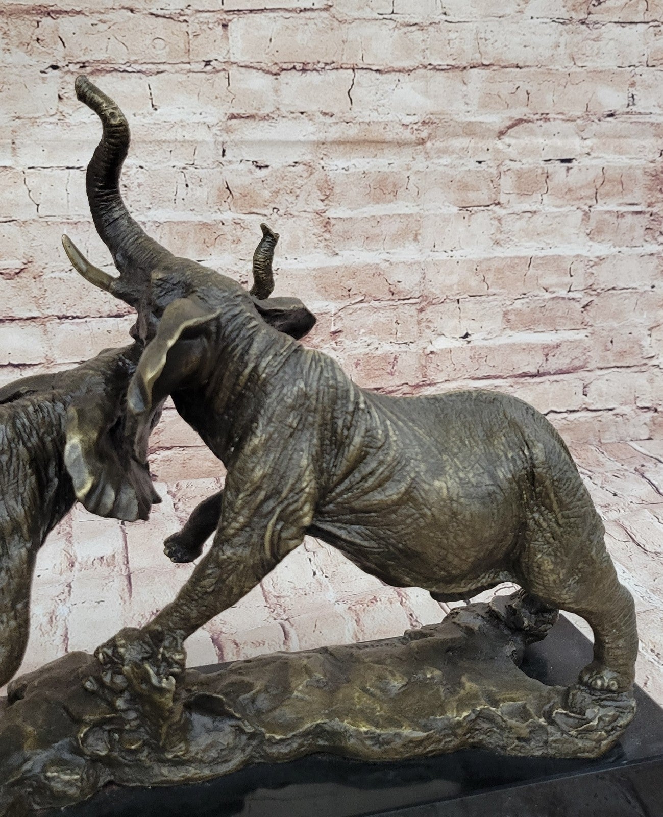 Elephants in Battle Bronze Sculpture Hot Cast Marble Base Figurine Wild Life Art