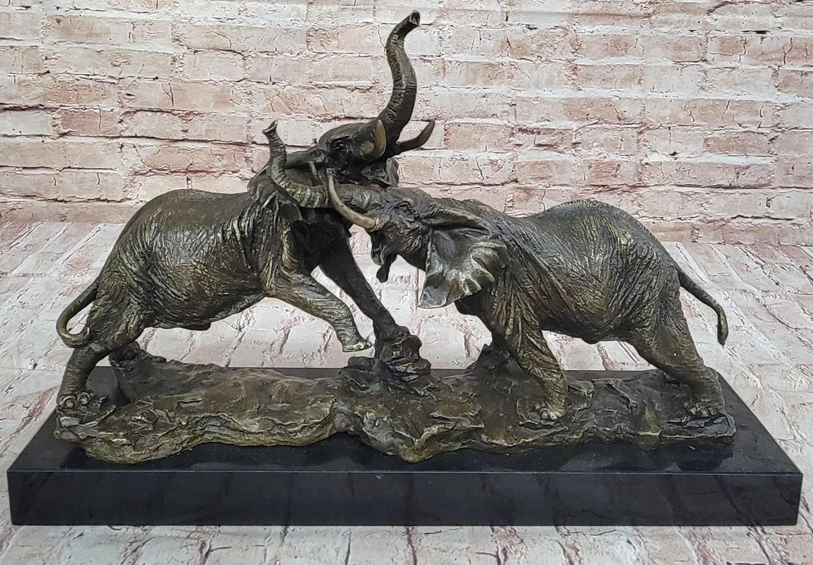 Elephants in Battle Bronze Sculpture Hot Cast Marble Base Figurine Wild Life Art