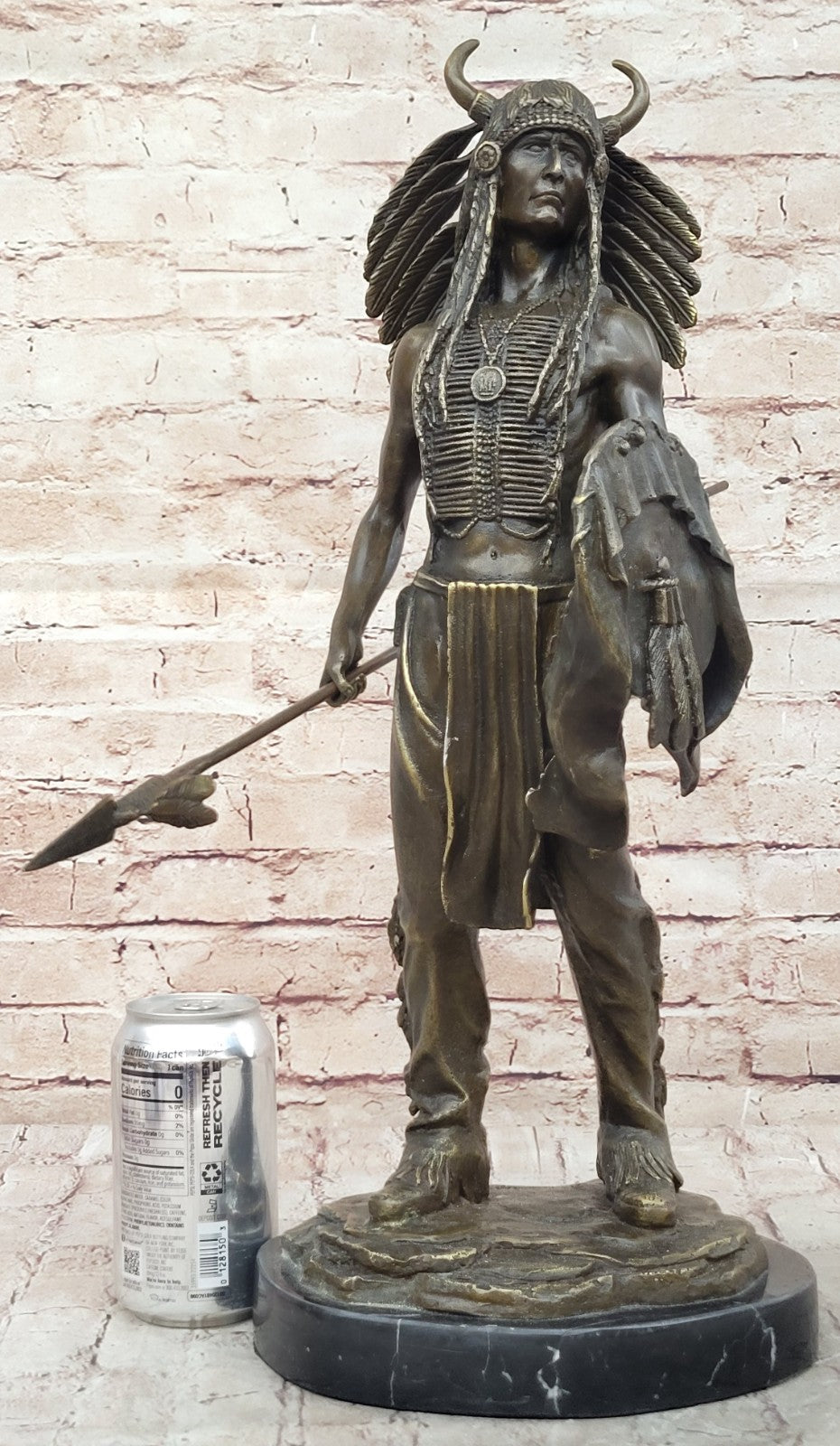 Genuine Bronze Statue Marble Base American Indian Chief Buffalo Headdress Decor