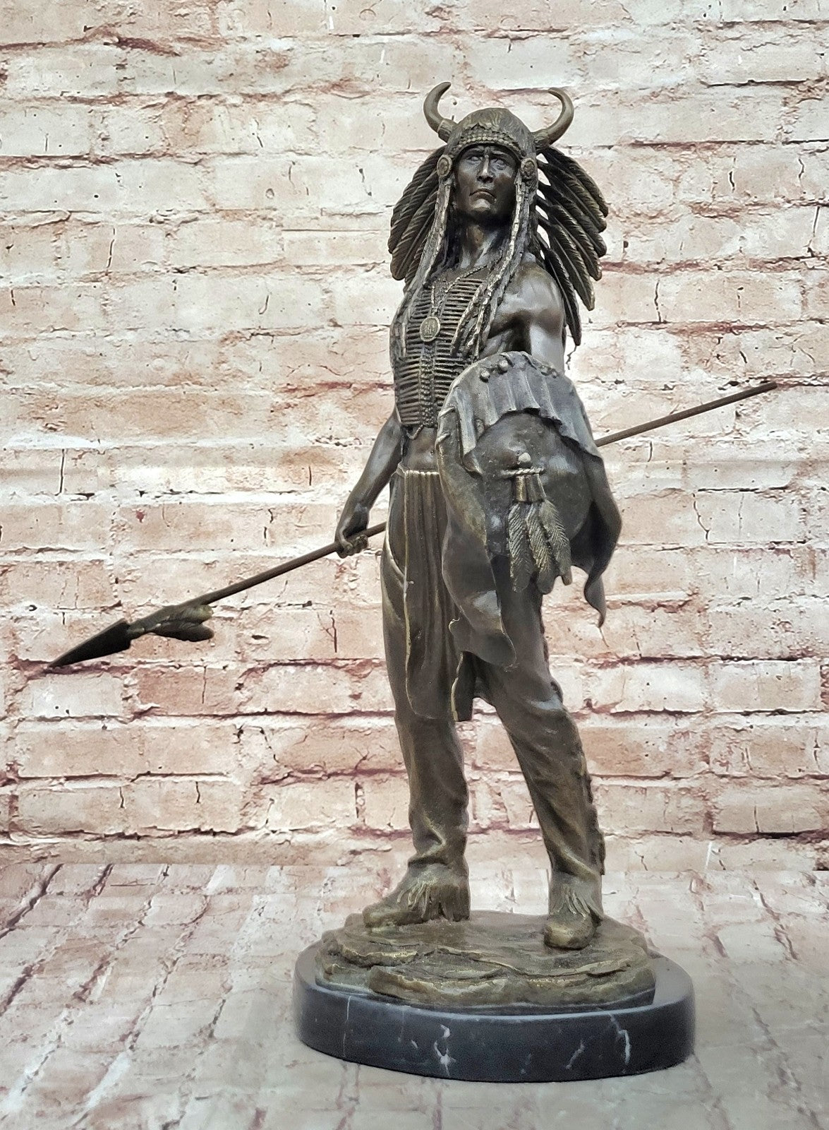 Genuine Bronze Statue Marble Base American Indian Chief Buffalo Headdress Decor