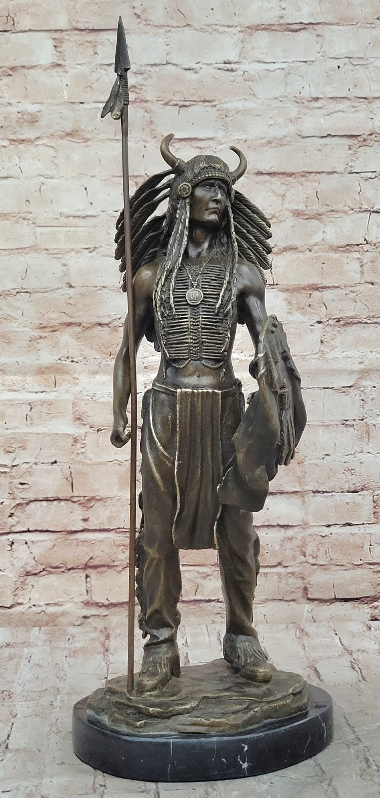 Genuine Bronze Statue Marble Base American Indian Chief Buffalo Headdress Decor