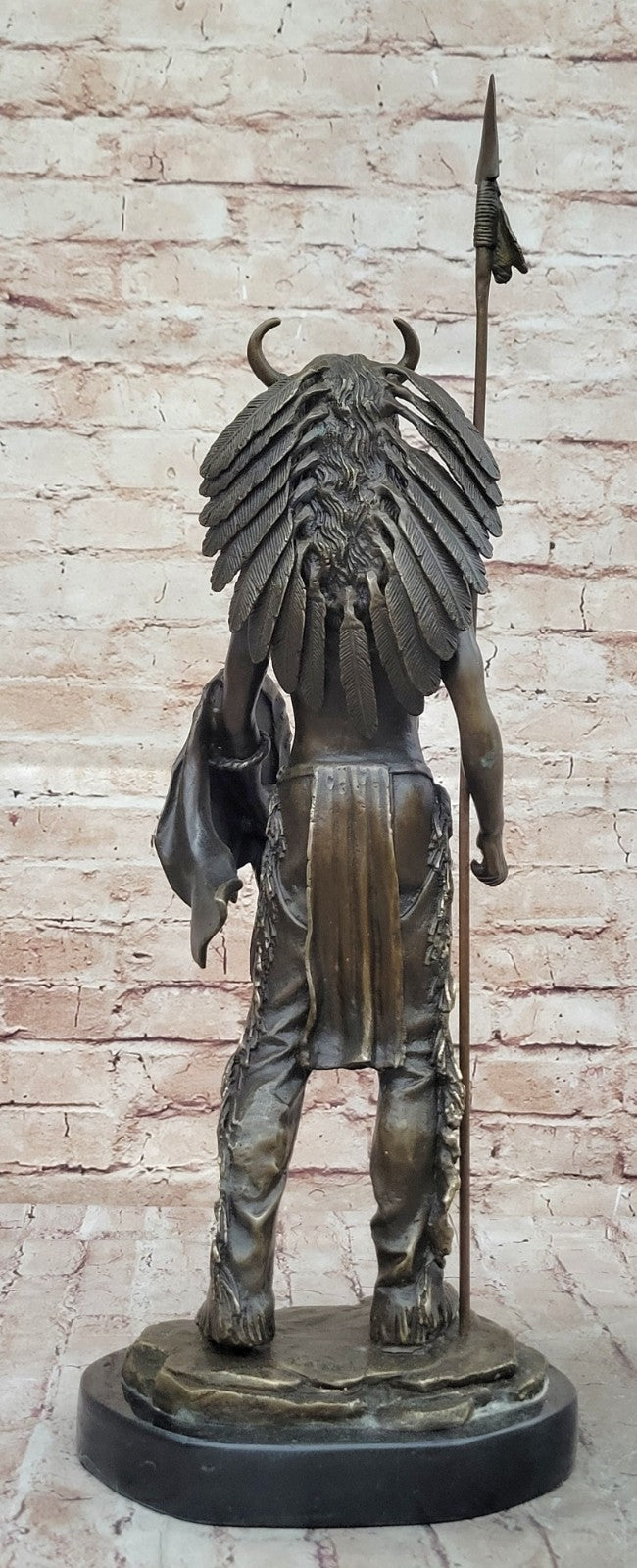Genuine Bronze Statue Marble Base American Indian Chief Buffalo Headdress Decor