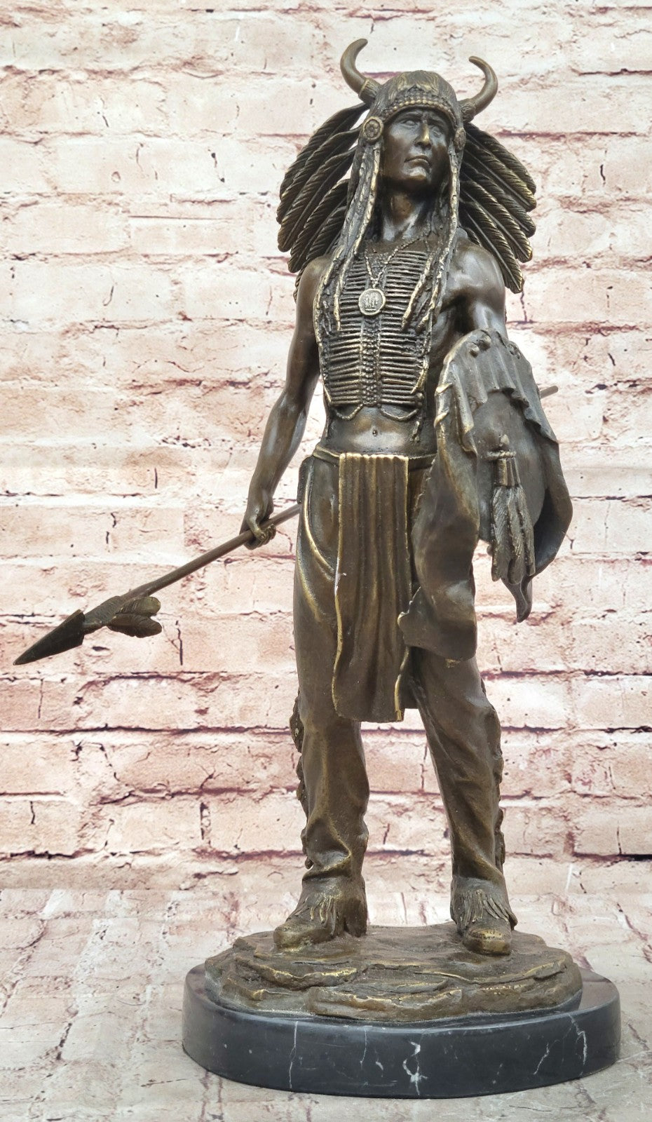 Genuine Bronze Statue Marble Base American Indian Chief Buffalo Headdress Decor