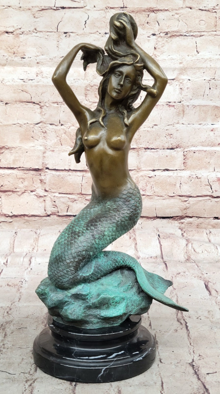 Handcrafted Museum Quality Work Nude Beautiful Mermaid Accent of Gold Patina