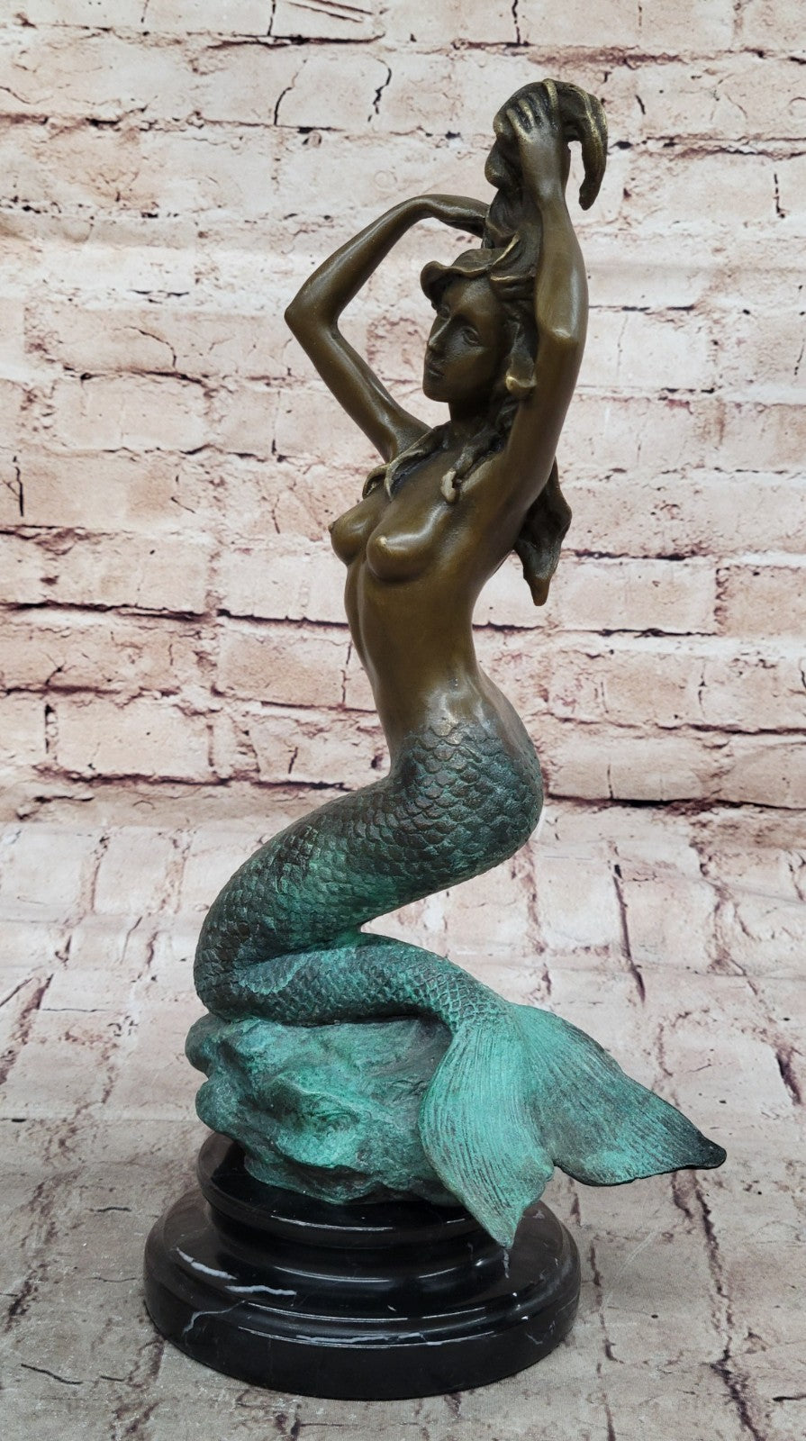 Handcrafted Museum Quality Work Nude Beautiful Mermaid Accent of Gold Patina