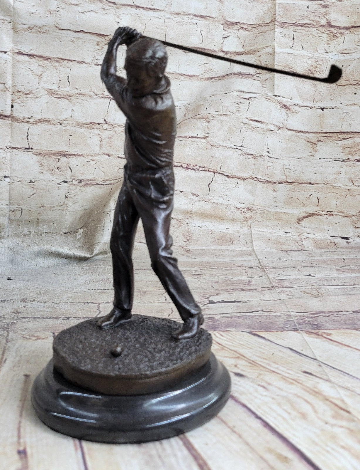 9" Vintage Bronze Golf Sculpture – Handcrafted Golfer Swing Figurine on Marble Base