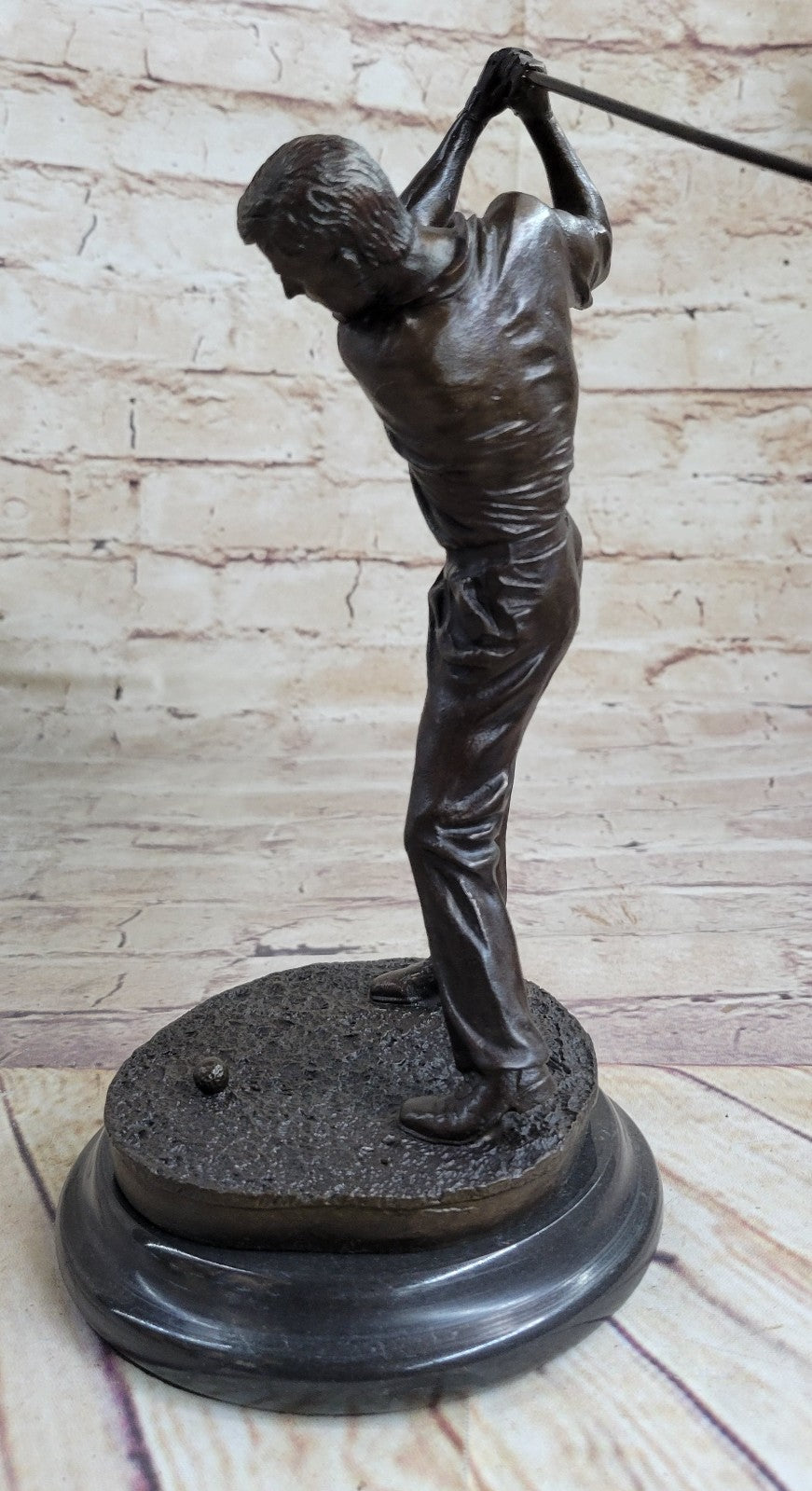 9" Vintage Bronze Golf Sculpture – Handcrafted Golfer Swing Figurine on Marble Base