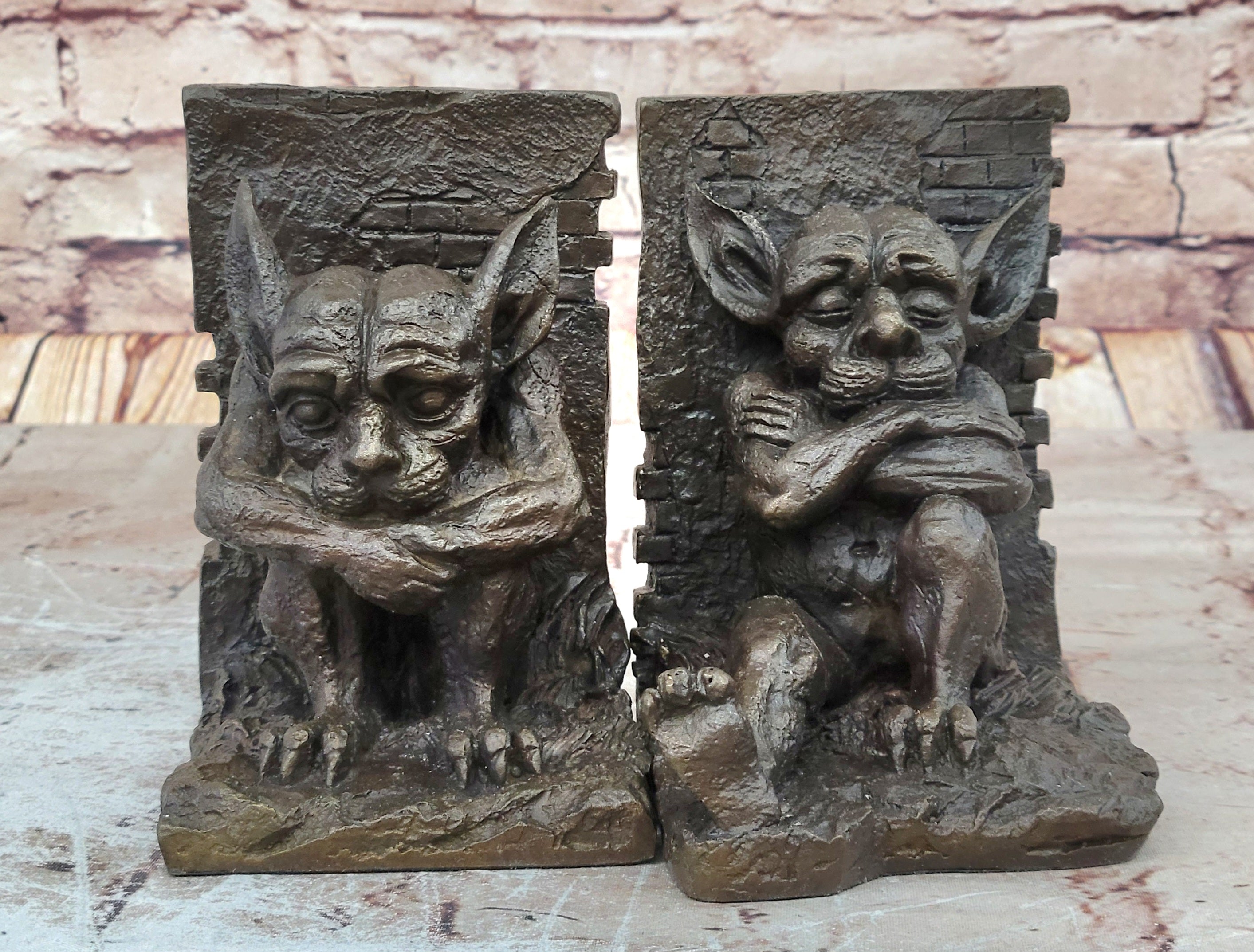 Vintage Bronze Devil / Gremlin / Gargoyle Bookends, Nice Detail & Patina Deco