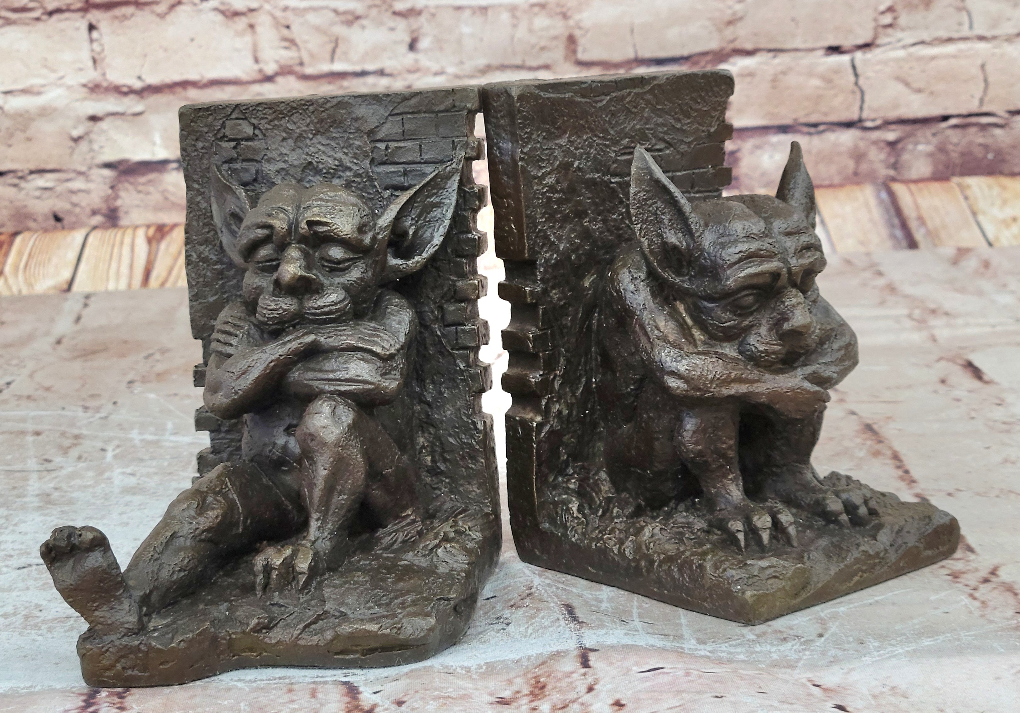 Vintage Bronze Devil / Gremlin / Gargoyle Bookends, Nice Detail & Patina Deco