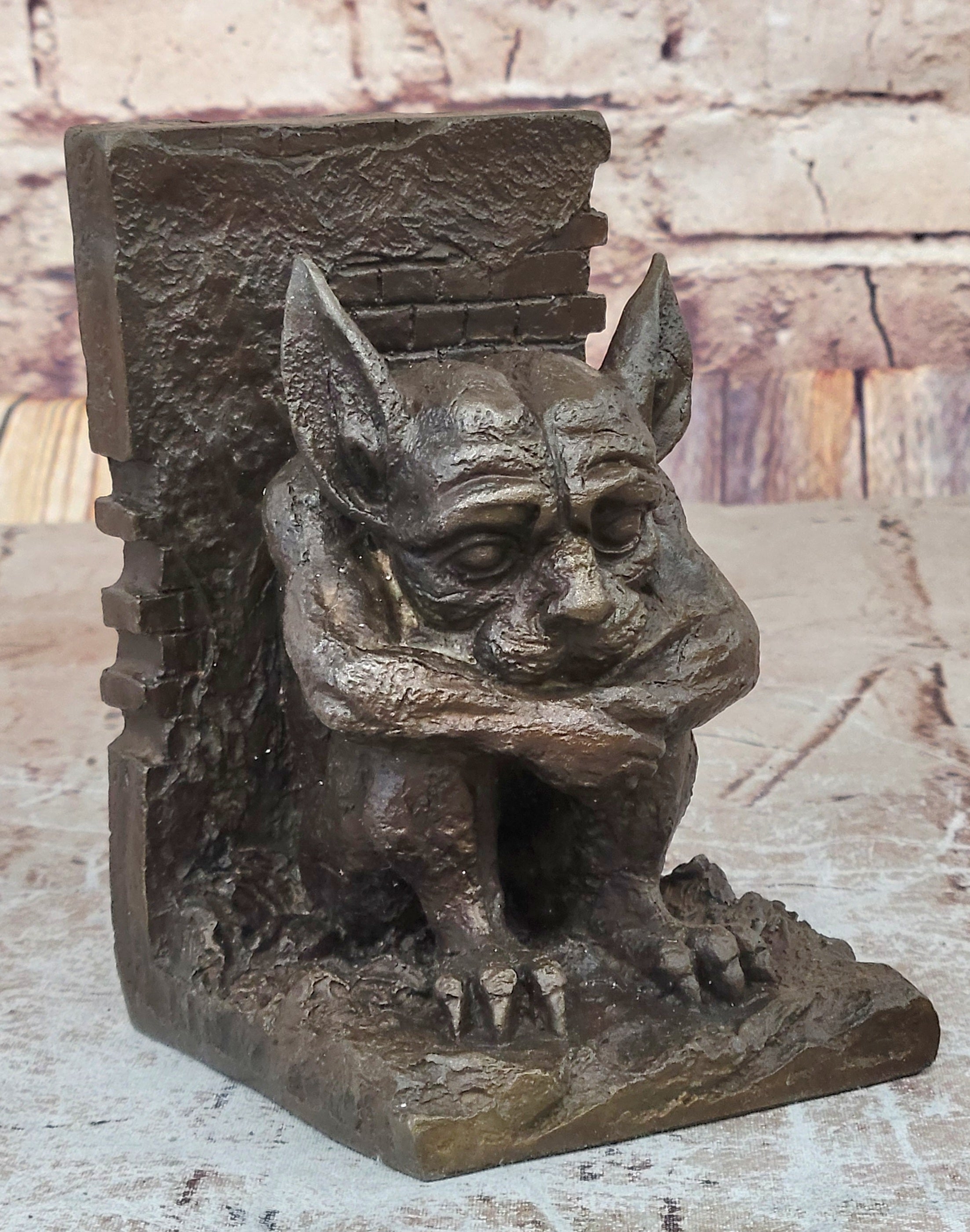 Vintage Bronze Devil / Gremlin / Gargoyle Bookends, Nice Detail & Patina Deco