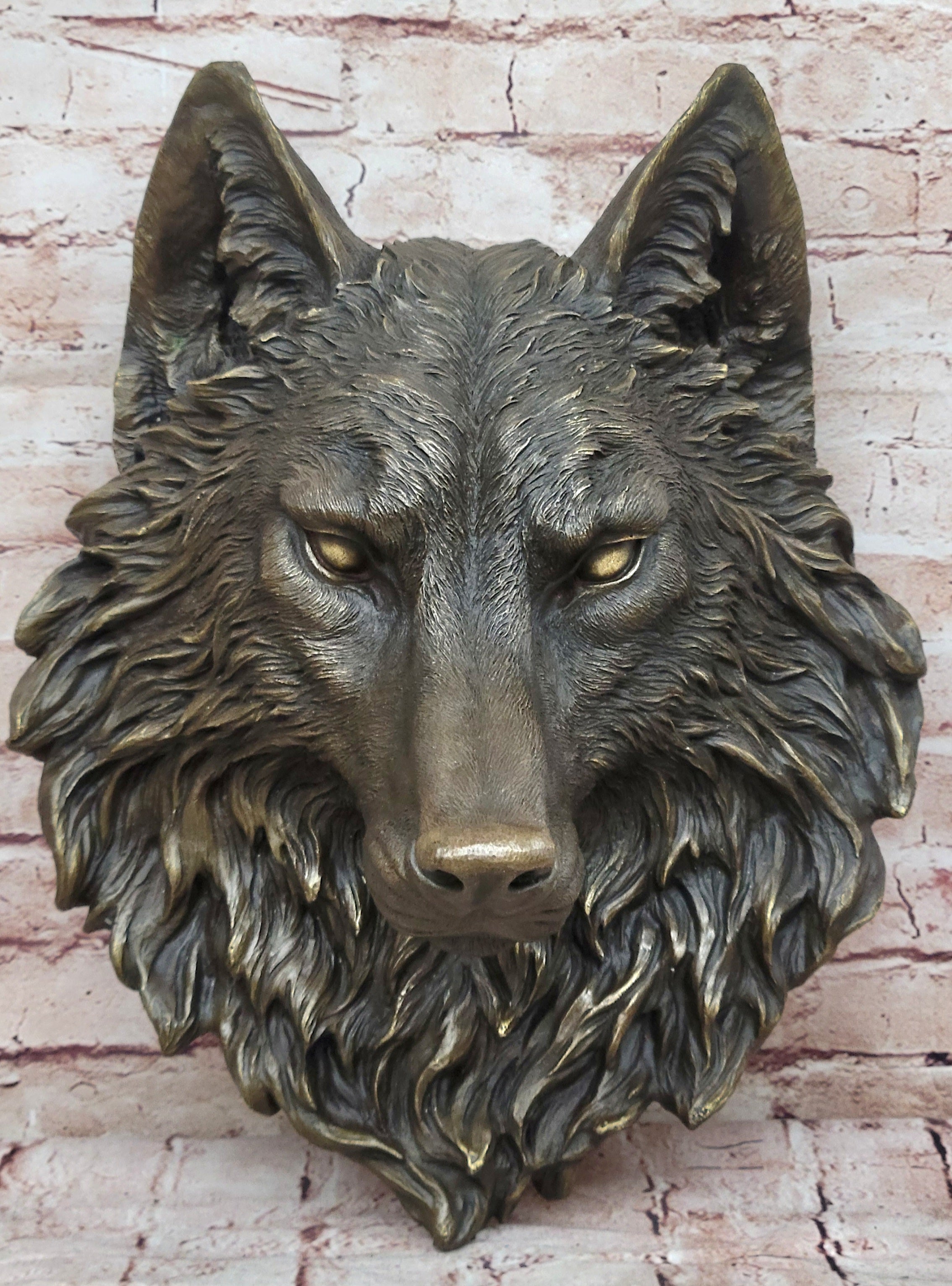 19`` bronze art sculpture good home decorate statue wall hanging wolf head