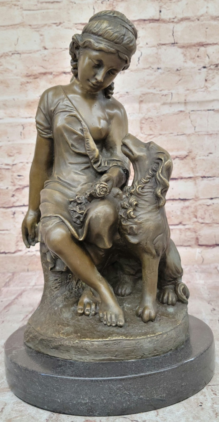 Hand Made Detailed Woman and her Dog by Lost Wax Method Bronze Sculpture