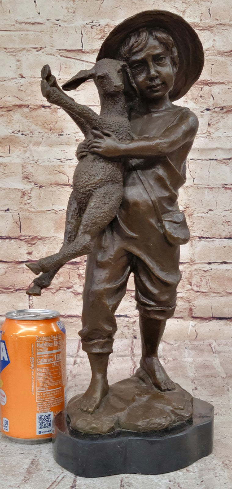 Genuine Solid Bronze Sculpture cute boy with baby Lam Farm decoration Figurine