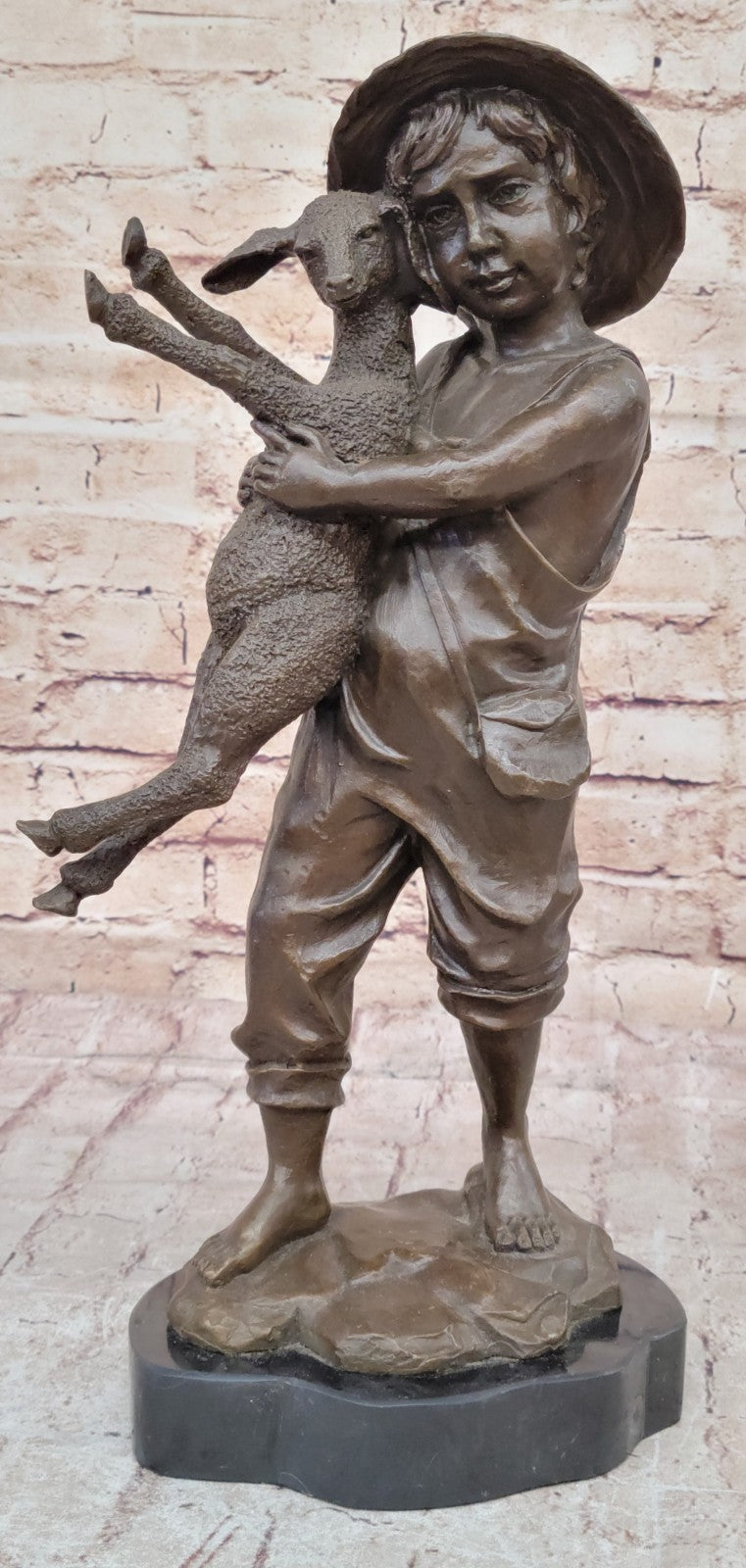 Genuine Solid Bronze Sculpture cute boy with baby Lam Farm decoration Figurine