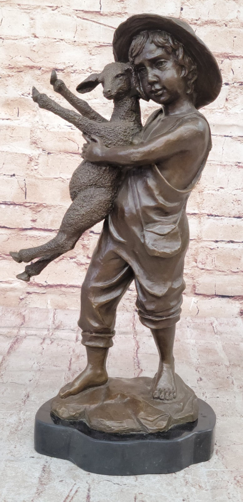 Genuine Solid Bronze Sculpture cute boy with baby Lam Farm decoration Figurine