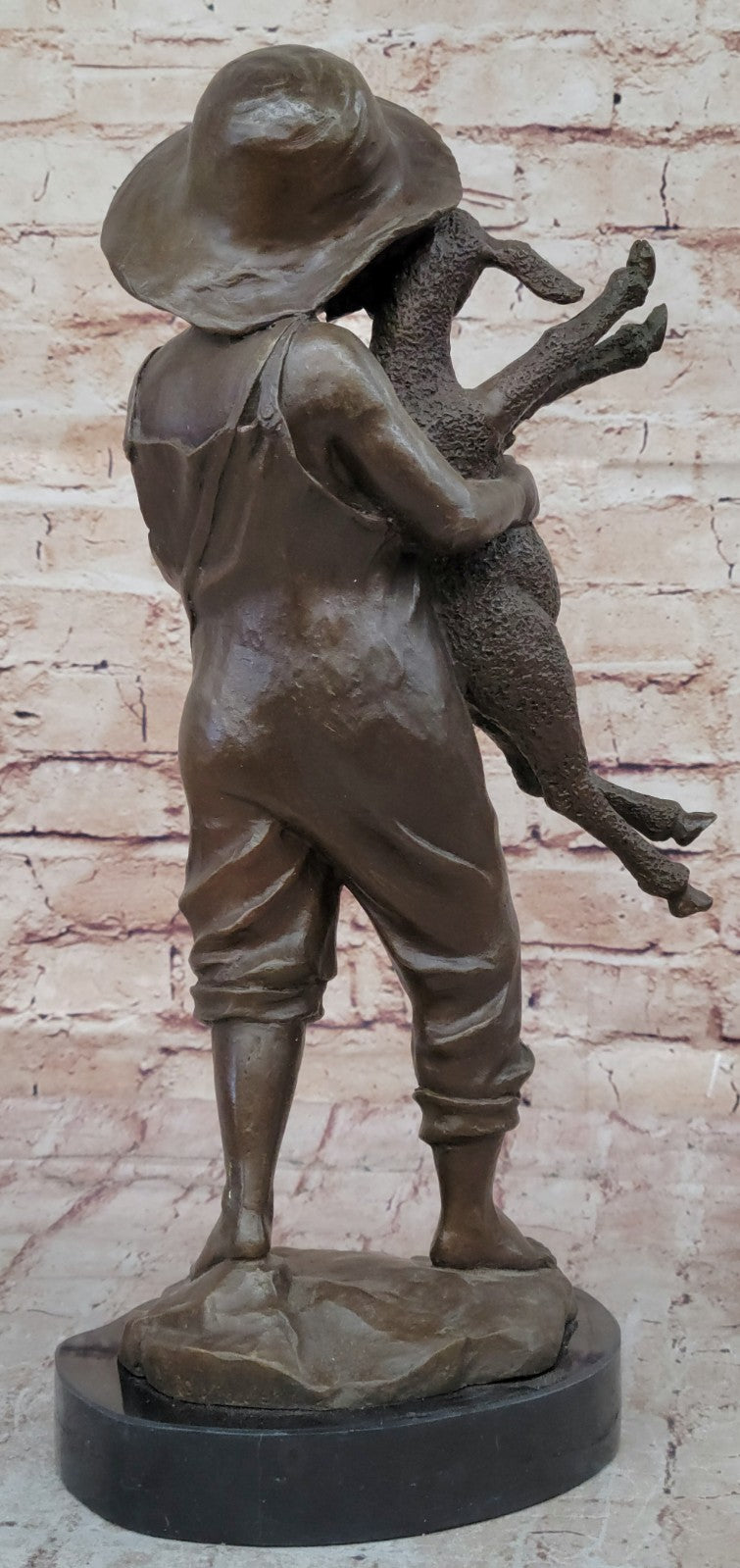 Genuine Solid Bronze Sculpture cute boy with baby Lam Farm decoration Figurine