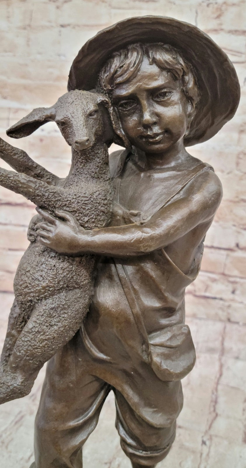 Genuine Solid Bronze Sculpture cute boy with baby Lam Farm decoration Figurine