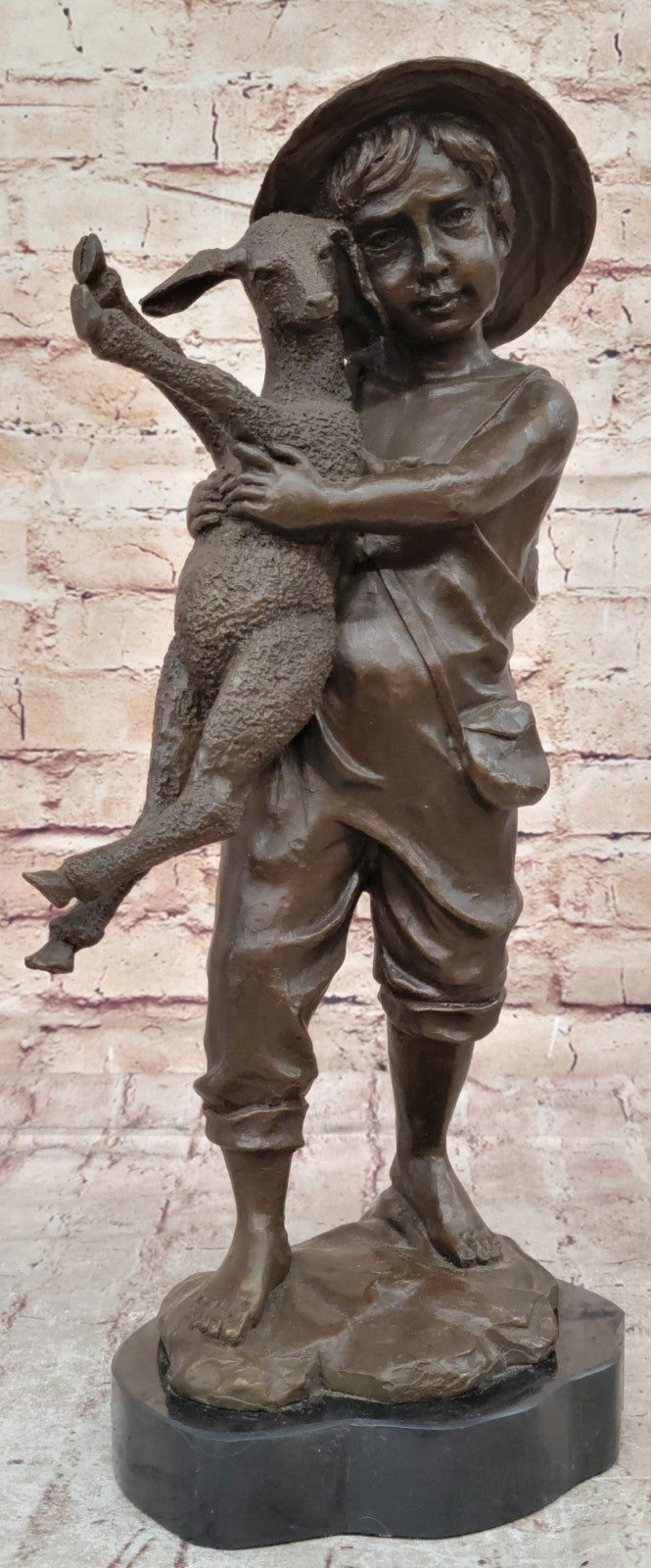 Genuine Solid Bronze Sculpture cute boy with baby Lam Farm decoration Figurine