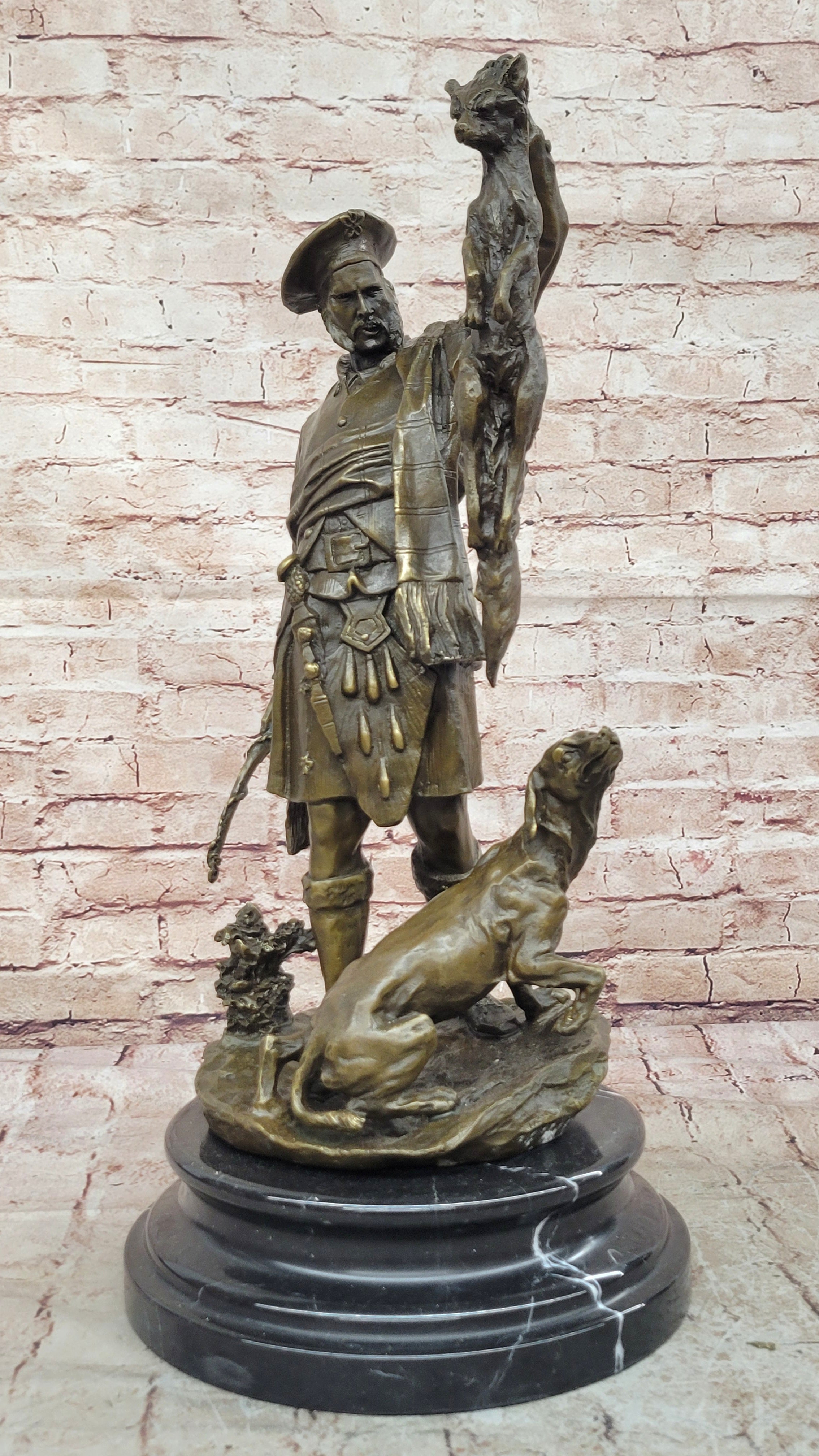 Bronze figure of Scottish hunter and hound with the kill Vitaleh Hot Cast Art Deco