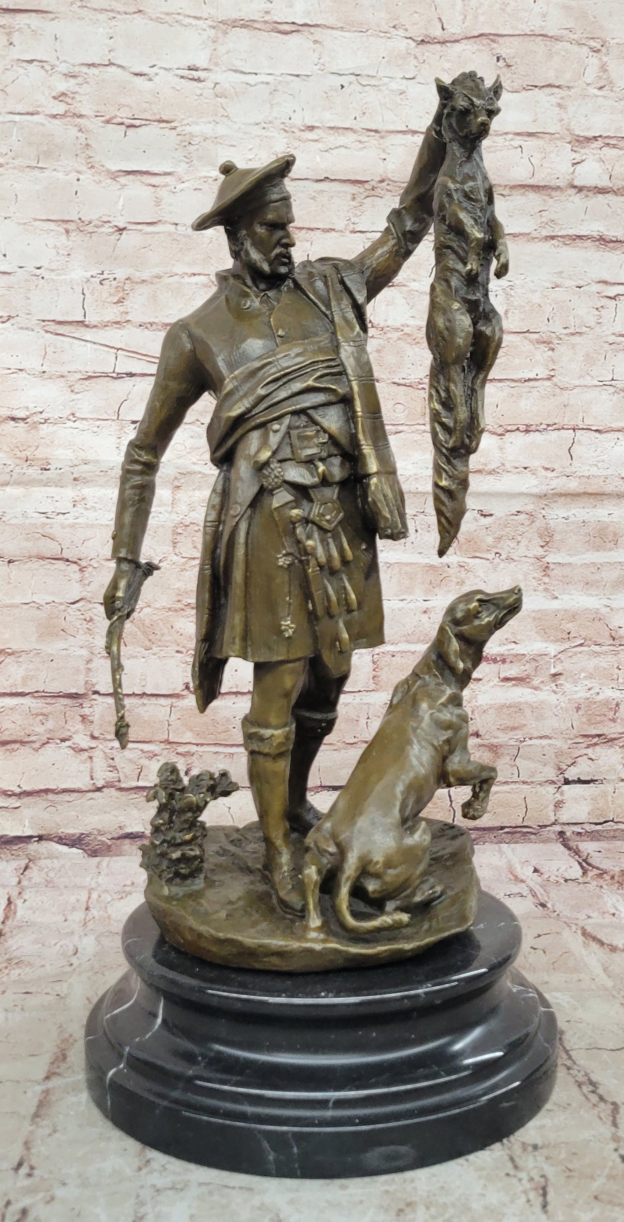 Bronze figure of Scottish hunter and hound with the kill Vitaleh Hot Cast Art Deco